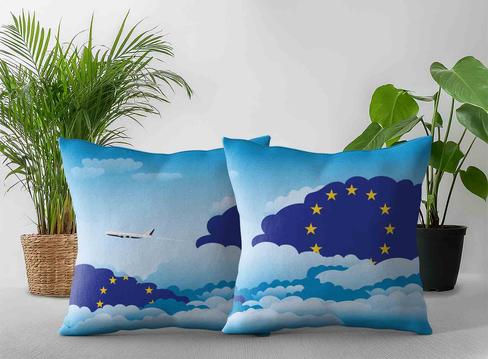 European Union World Airplane Day Clouds Square & Rectangle Pillow Cases | Aviation Sky Travel Decorative Throw Pillow Covers