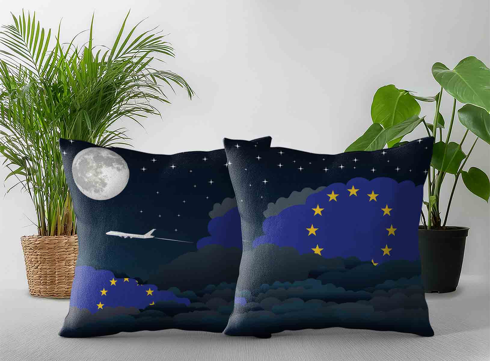 European Union World Airplane Night Clouds Square & Rectangle Pillow Cases | Aviation Night Sky Decorative Throw Pillow Covers