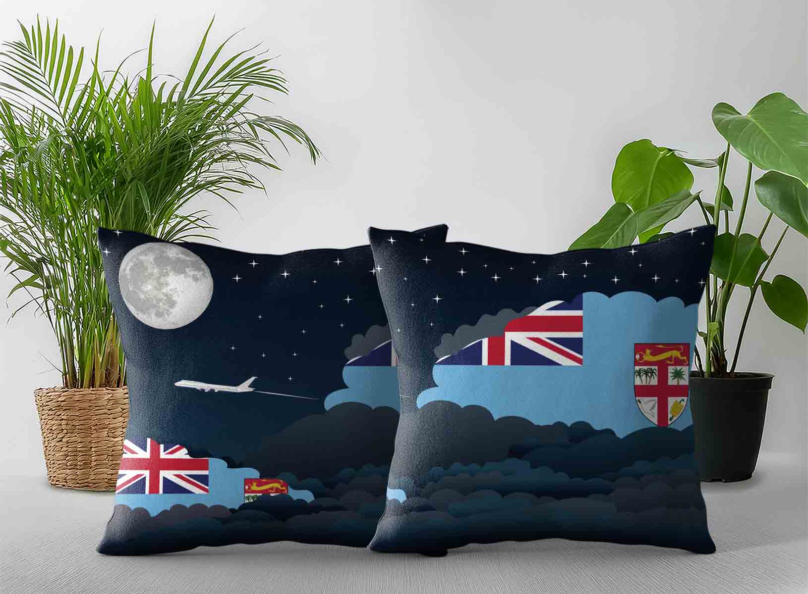 Fiji World Airplane Night Clouds Square & Rectangle Pillow Cases | Aviation Night Sky Decorative Throw Pillow Covers