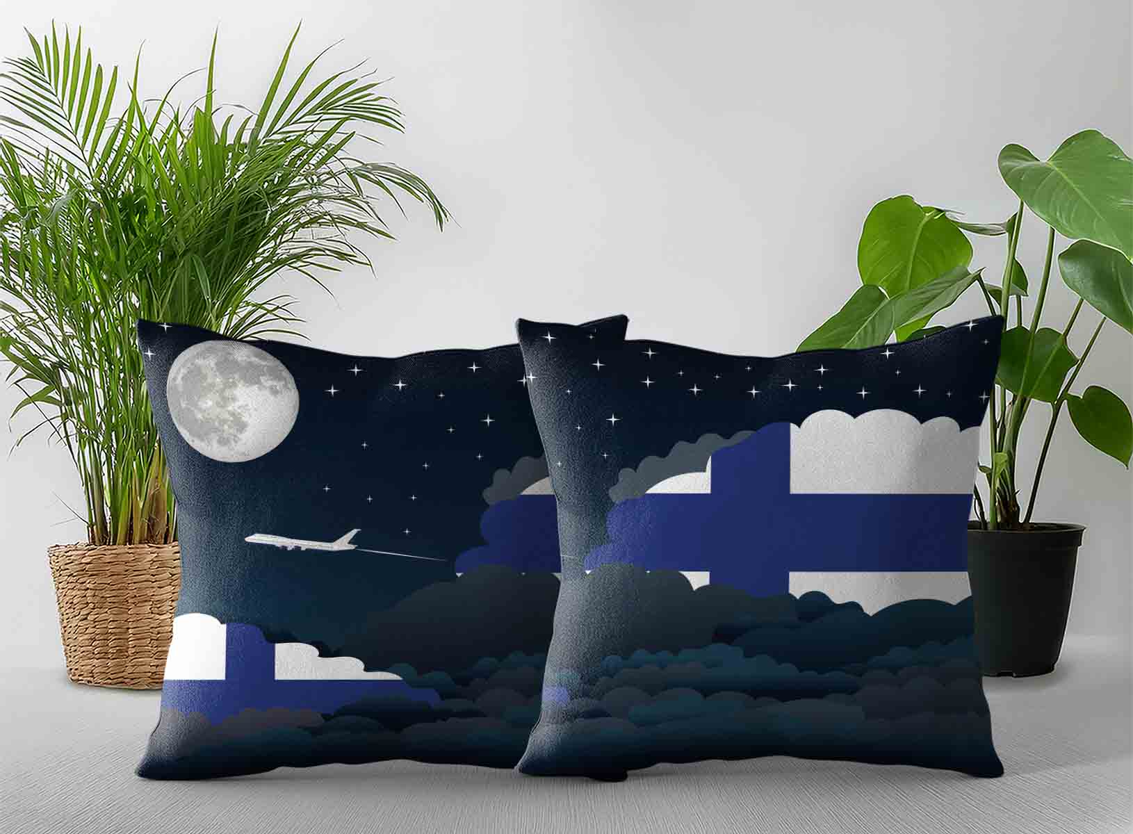 Finland World Airplane Night Clouds Square & Rectangle Pillow Cases | Aviation Night Sky Decorative Throw Pillow Covers