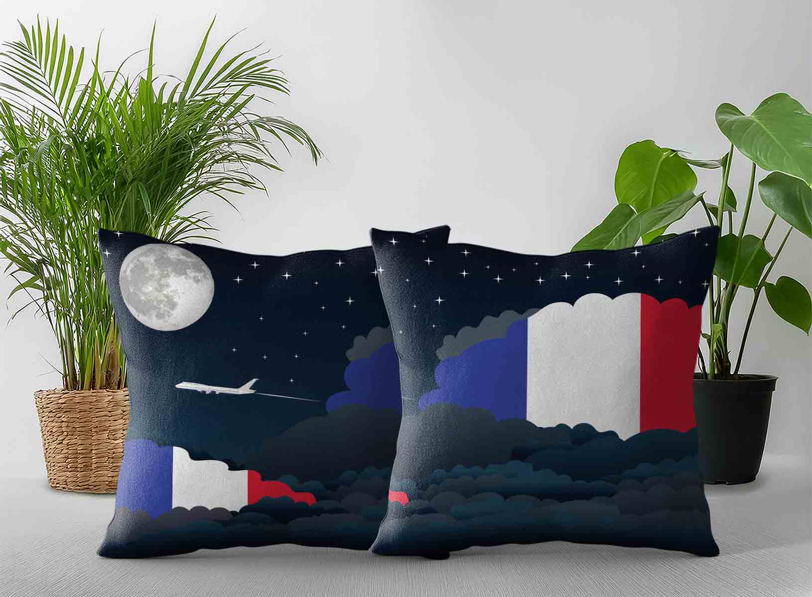 France World Airplane Night Clouds Square & Rectangle Pillow Cases | Aviation Night Sky Decorative Throw Pillow Covers