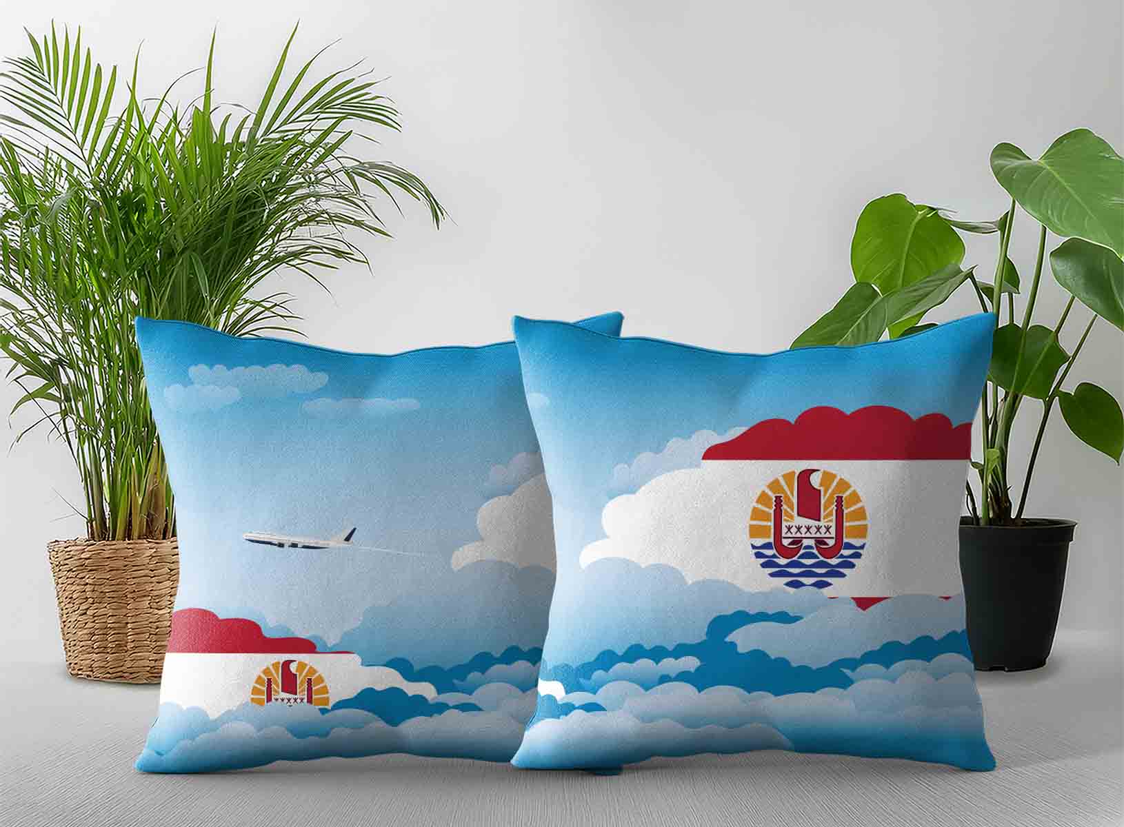 French Polynesia World Airplane Day Clouds Square & Rectangle Pillow Cases | Aviation Sky Travel Decorative Throw Pillow Covers