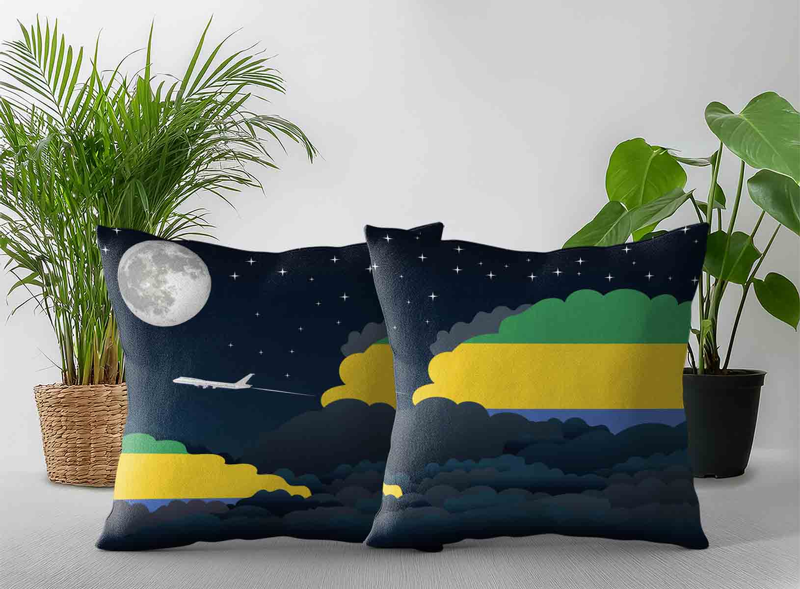 Gabon World Airplane Night Clouds Square & Rectangle Pillow Cases | Aviation Night Sky Decorative Throw Pillow Covers