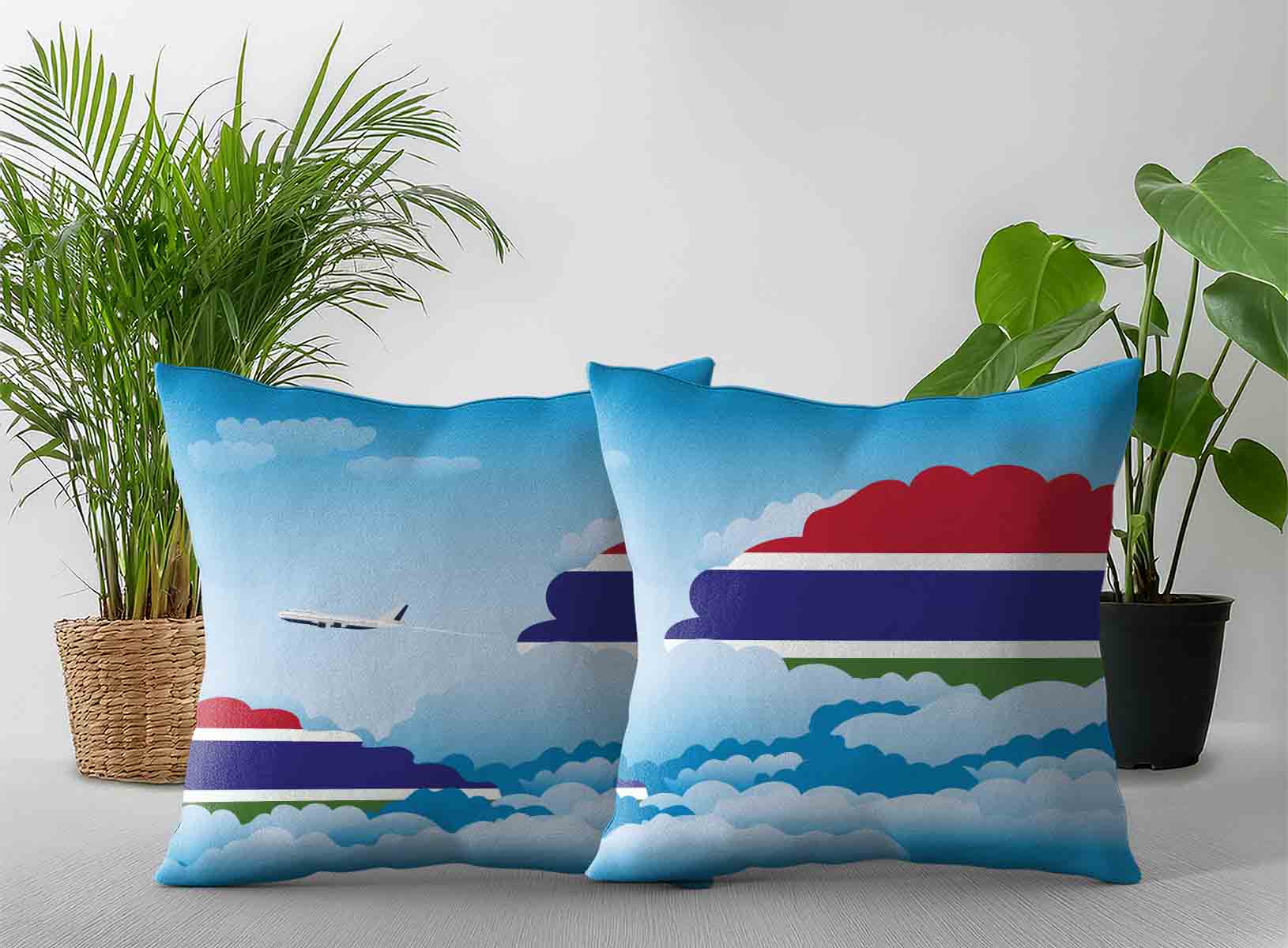 Gambia World Airplane Day Clouds Square & Rectangle Pillow Cases | Aviation Sky Travel Decorative Throw Pillow Covers