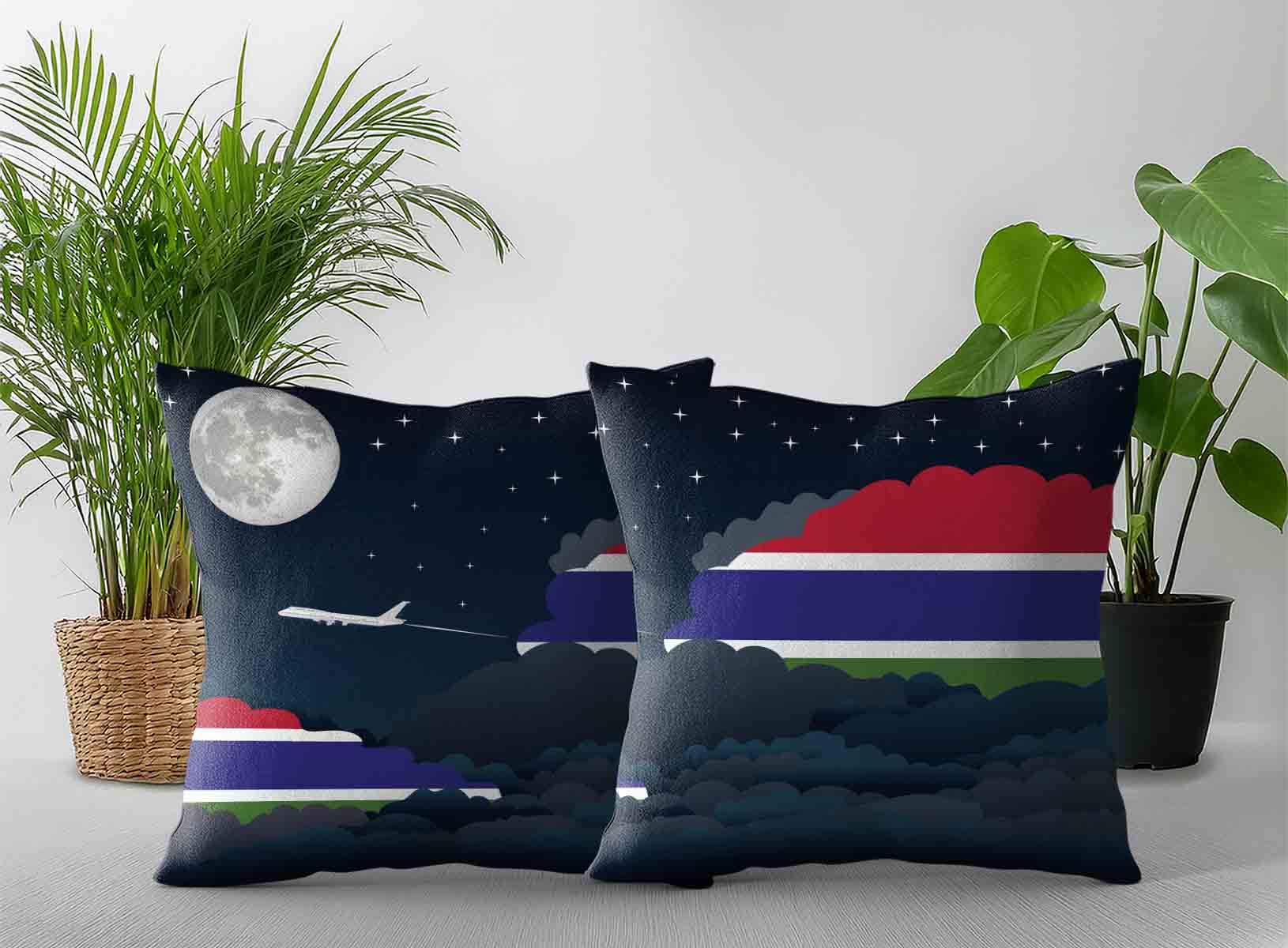 Gambia World Airplane Night Clouds Square & Rectangle Pillow Cases | Aviation Night Sky Decorative Throw Pillow Covers