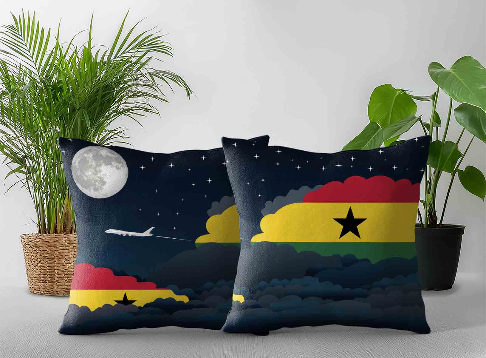Ghana World Airplane Night Clouds Square & Rectangle Pillow Cases | Aviation Night Sky Decorative Throw Pillow Covers