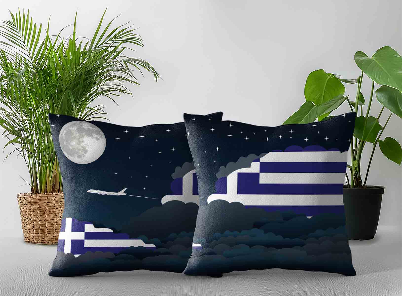 Greece World Airplane Night Clouds Square & Rectangle Pillow Cases | Aviation Night Sky Decorative Throw Pillow Covers