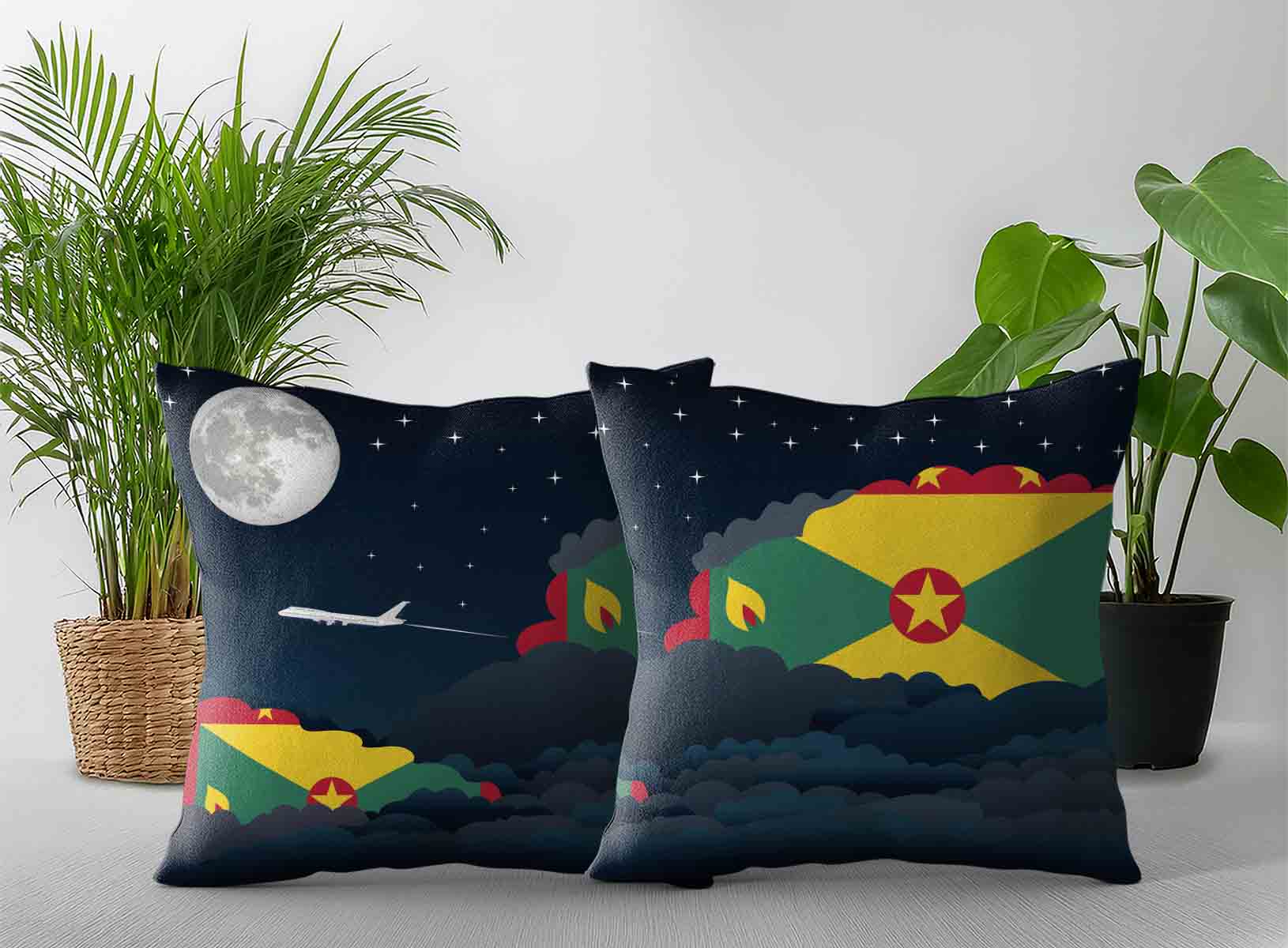 Grenada World Airplane Night Clouds Square & Rectangle Pillow Cases | Aviation Night Sky Decorative Throw Pillow Covers
