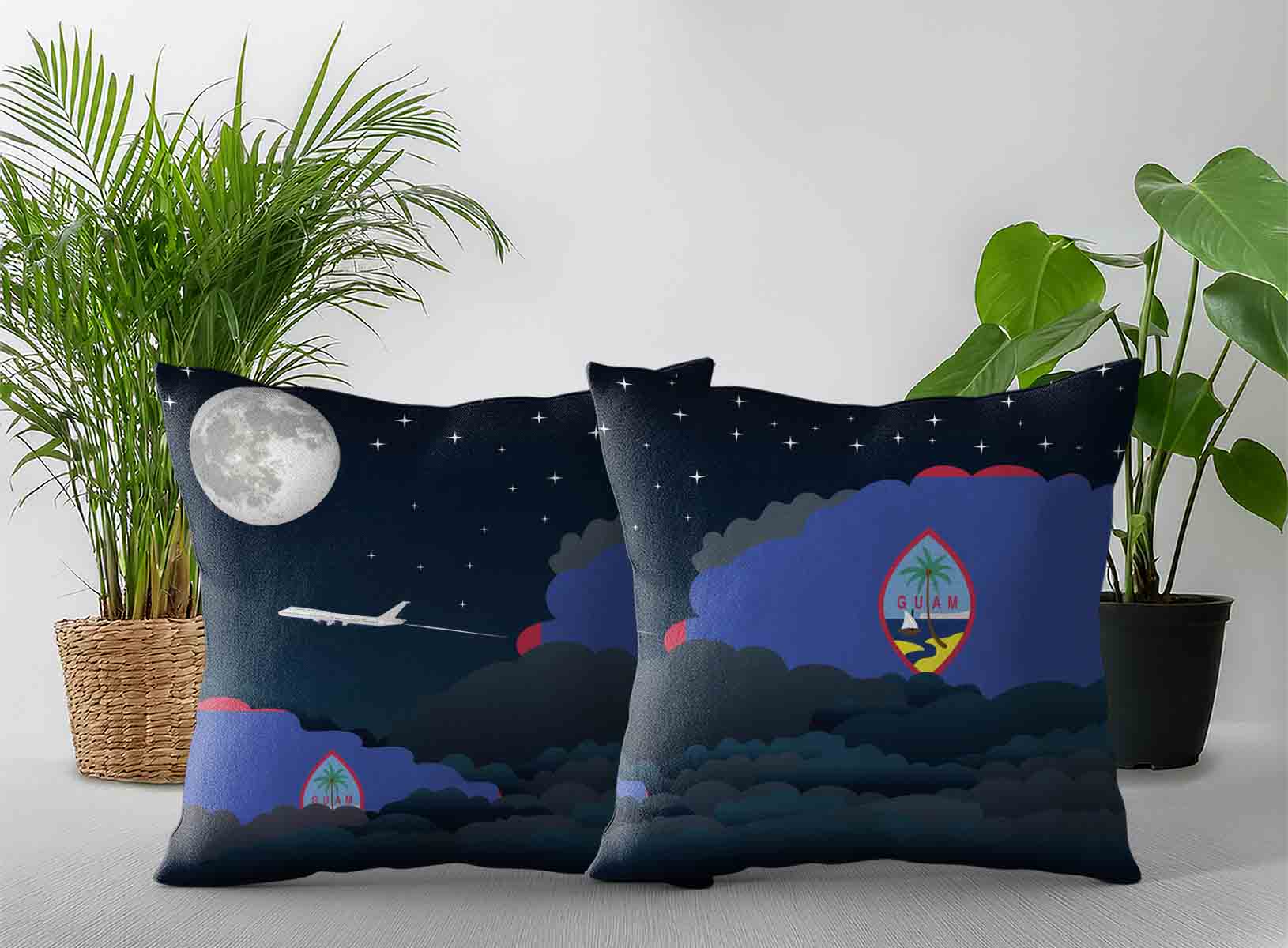 Guam World Airplane Night Clouds Square & Rectangle Pillow Cases | Aviation Night Sky Decorative Throw Pillow Covers