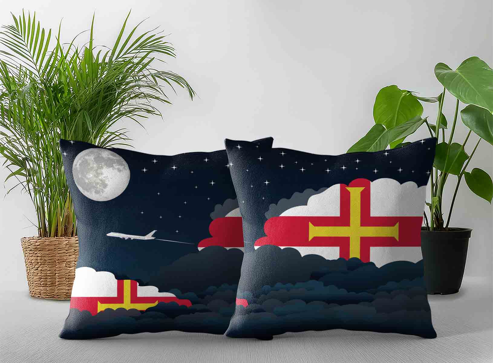 Guernsey World Airplane Night Clouds Square & Rectangle Pillow Cases | Aviation Night Sky Decorative Throw Pillow Covers