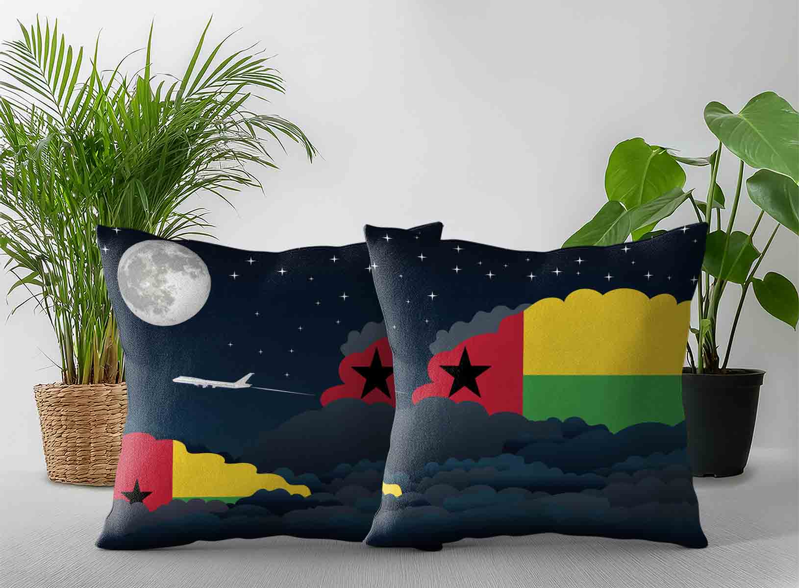 Guinea Bissau World Airplane Night Clouds Square & Rectangle Pillow Cases | Aviation Night Sky Decorative Throw Pillow Covers