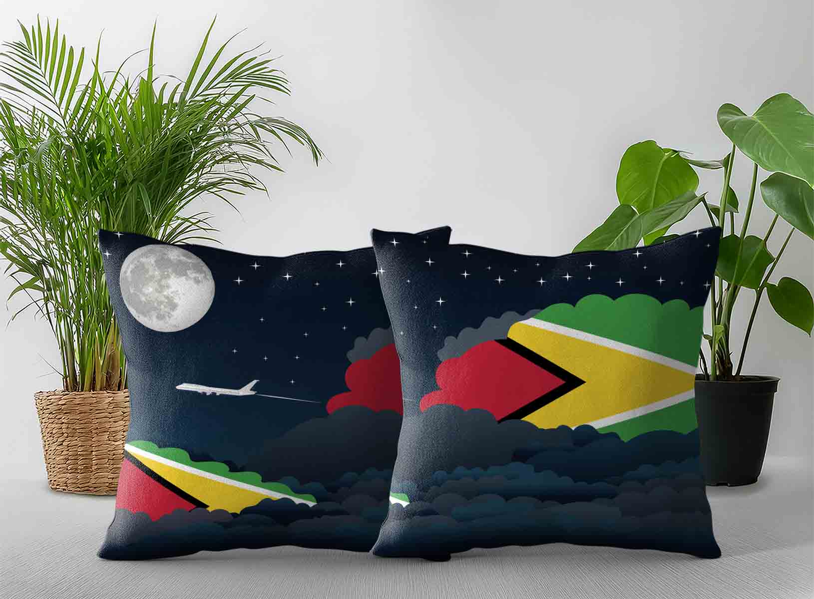 Guyana World Airplane Night Clouds Square & Rectangle Pillow Cases | Aviation Night Sky Decorative Throw Pillow Covers