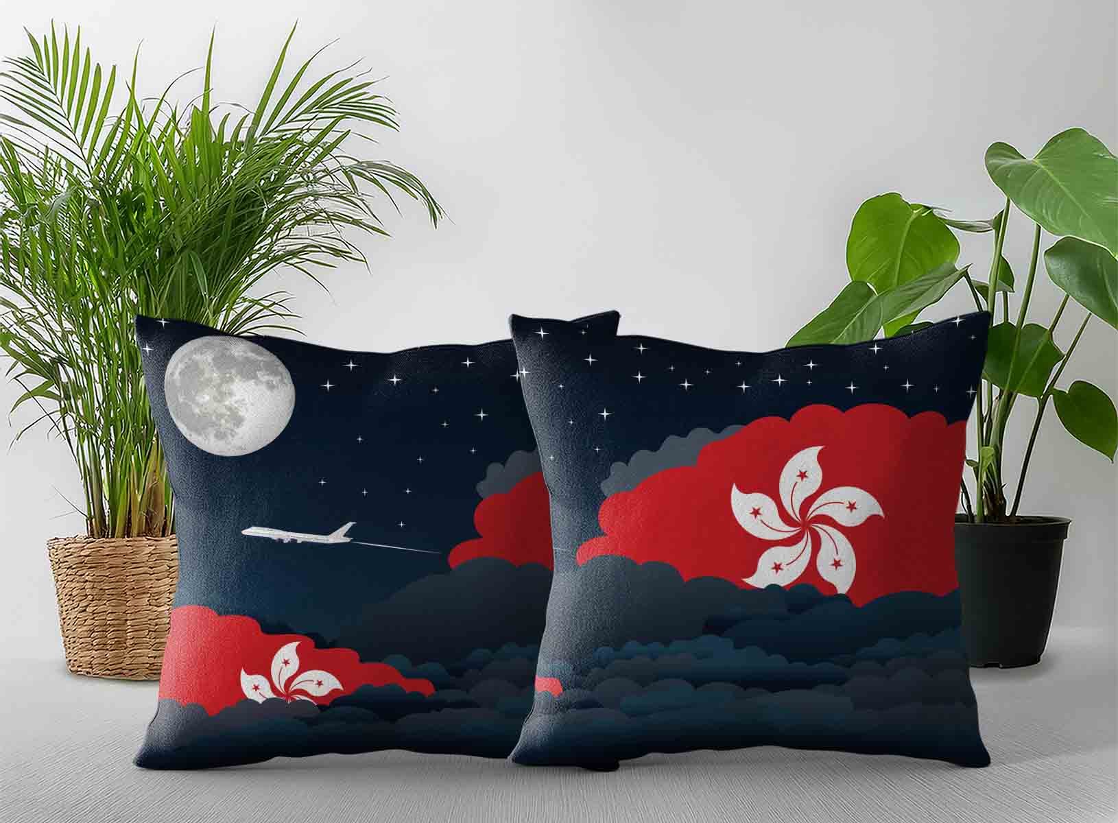 Hong Kong World Airplane Night Clouds Square & Rectangle Pillow Cases | Aviation Night Sky Decorative Throw Pillow Covers