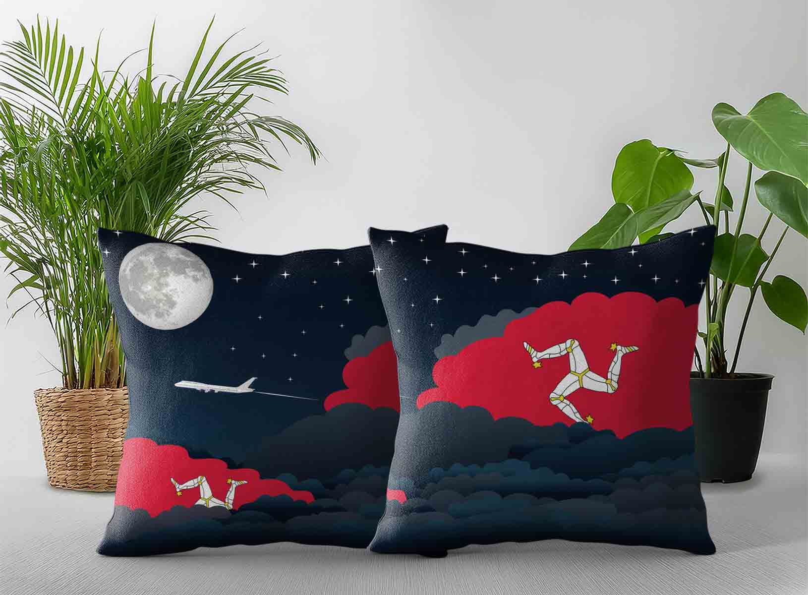 Isle of Man World Airplane Night Clouds Square & Rectangle Pillow Cases | Aviation Night Sky Decorative Throw Pillow Covers