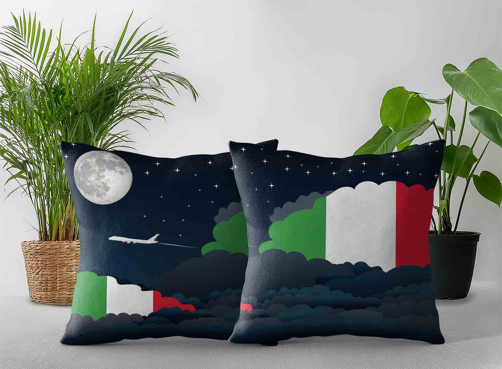 Italy World Airplane Night Clouds Square & Rectangle Pillow Cases | Aviation Night Sky Decorative Throw Pillow Covers