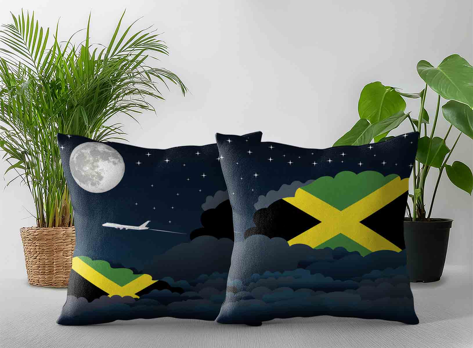 Jamaica World Airplane Night Clouds Square & Rectangle Pillow Cases | Aviation Night Sky Decorative Throw Pillow Covers