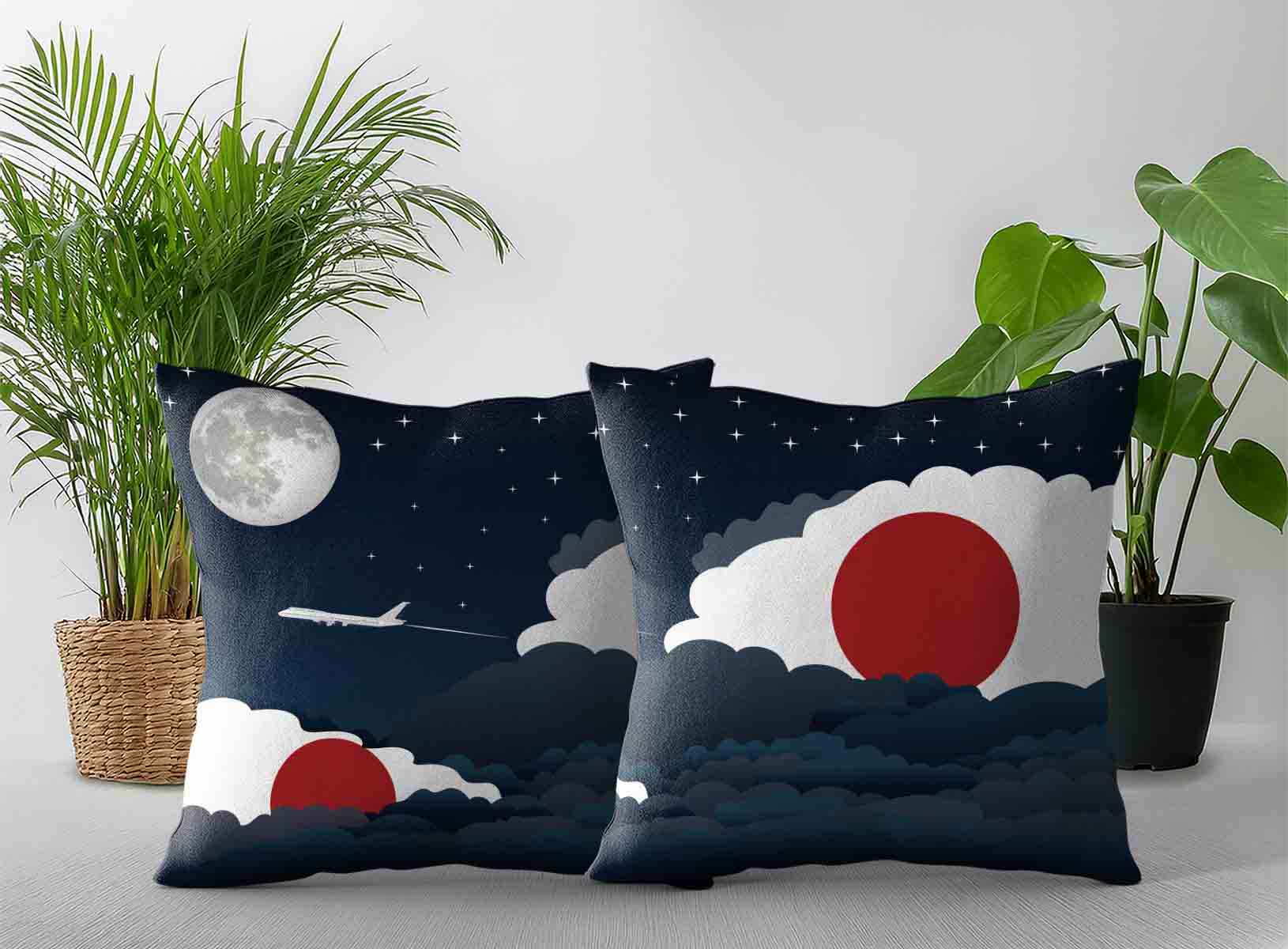 Japan World Airplane Night Clouds Square & Rectangle Pillow Cases | Aviation Night Sky Decorative Throw Pillow Covers