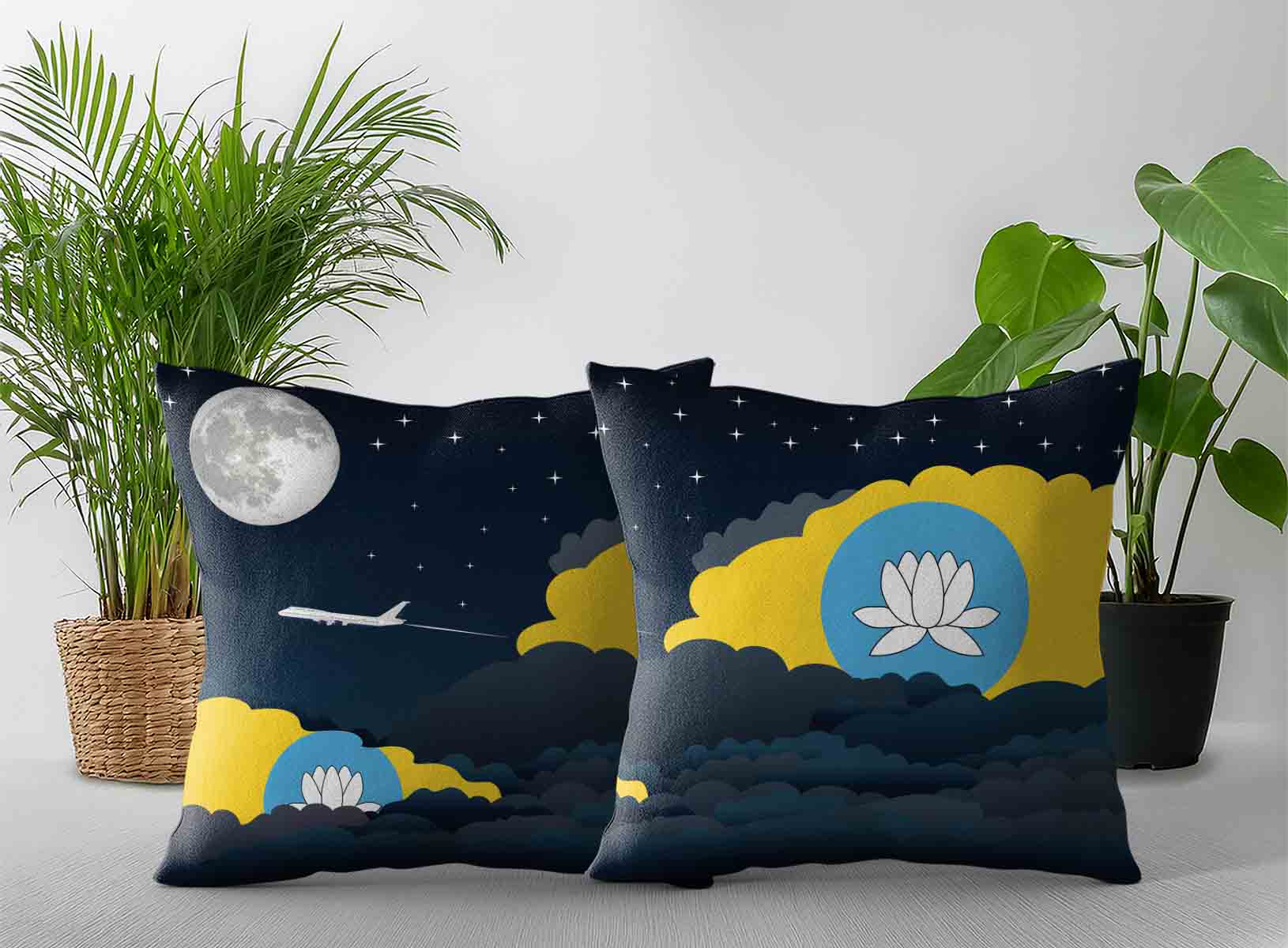 Kalmykia World Airplane Night Clouds Square & Rectangle Pillow Cases | Aviation Night Sky Decorative Throw Pillow Covers