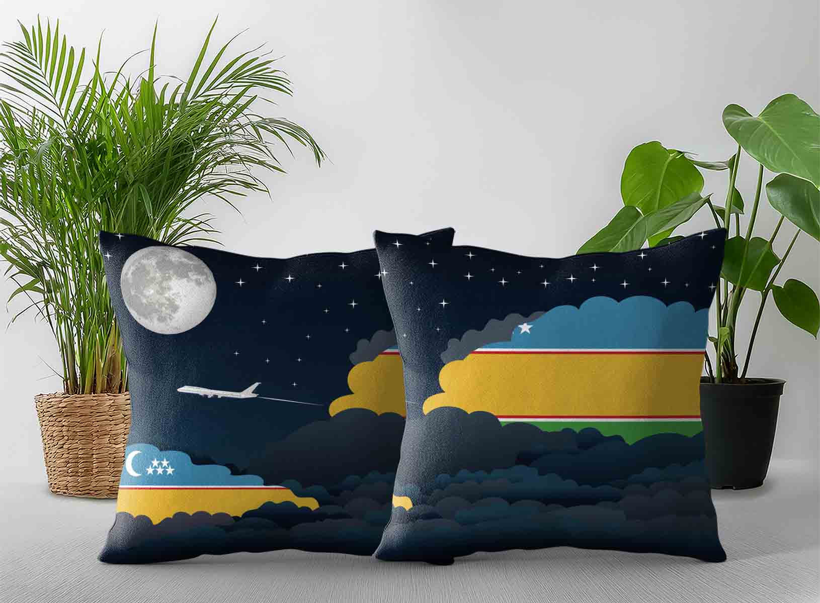 Karakalpakstan World Airplane Night Clouds Square & Rectangle Pillow Cases | Aviation Night Sky Decorative Throw Pillow Covers