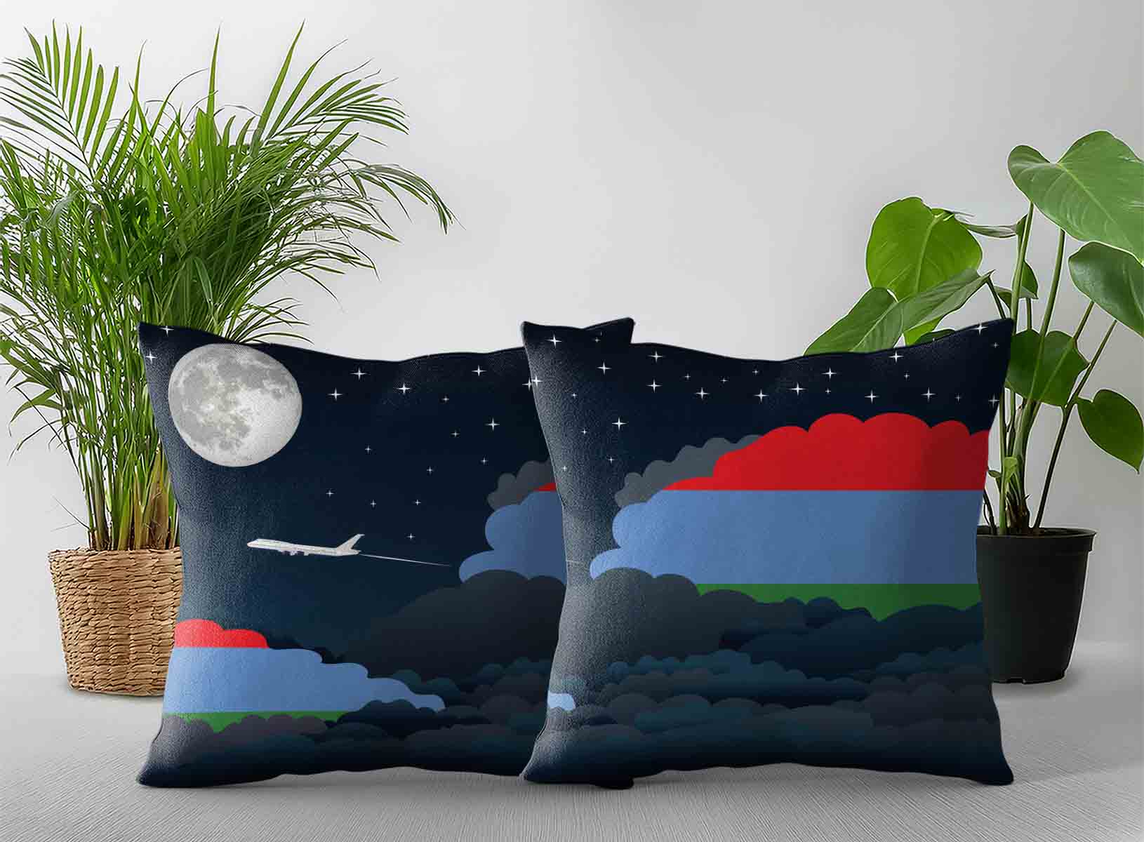Karelia World Airplane Night Clouds Square & Rectangle Pillow Cases | Aviation Night Sky Decorative Throw Pillow Covers