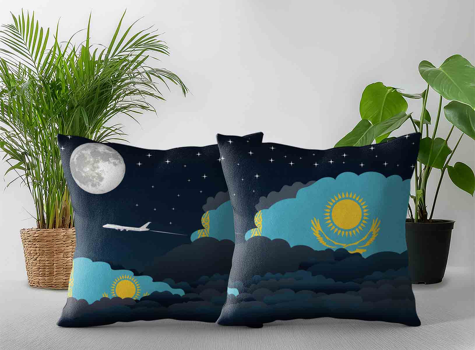 Kazakhstan World Airplane Night Clouds Square & Rectangle Pillow Cases | Aviation Night Sky Decorative Throw Pillow Covers