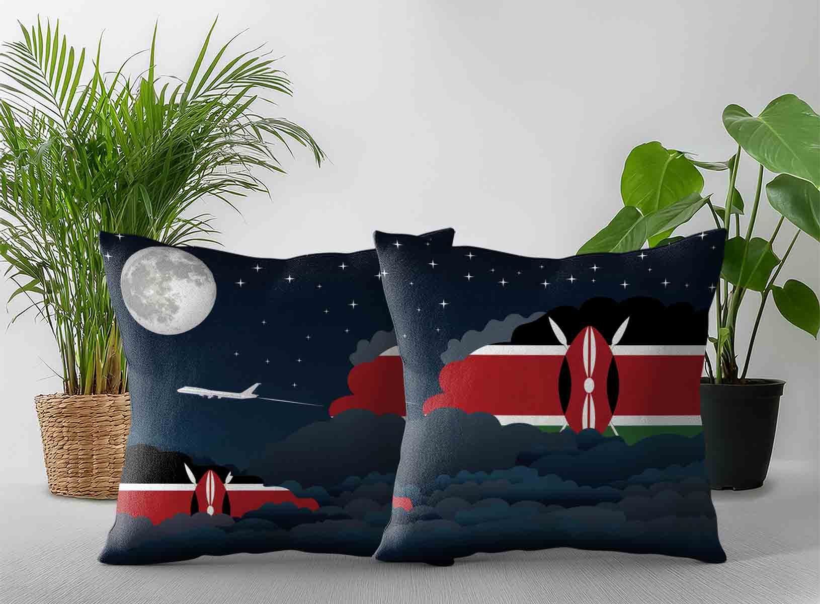 Kenya World Airplane Night Clouds Square & Rectangle Pillow Cases | Aviation Night Sky Decorative Throw Pillow Covers