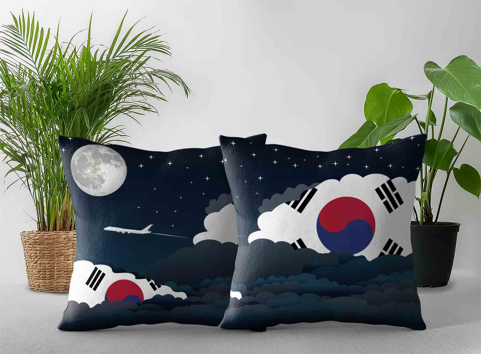 Korea South World Airplane Night Clouds Square & Rectangle Pillow Cases | Aviation Night Sky Decorative Throw Pillow Covers