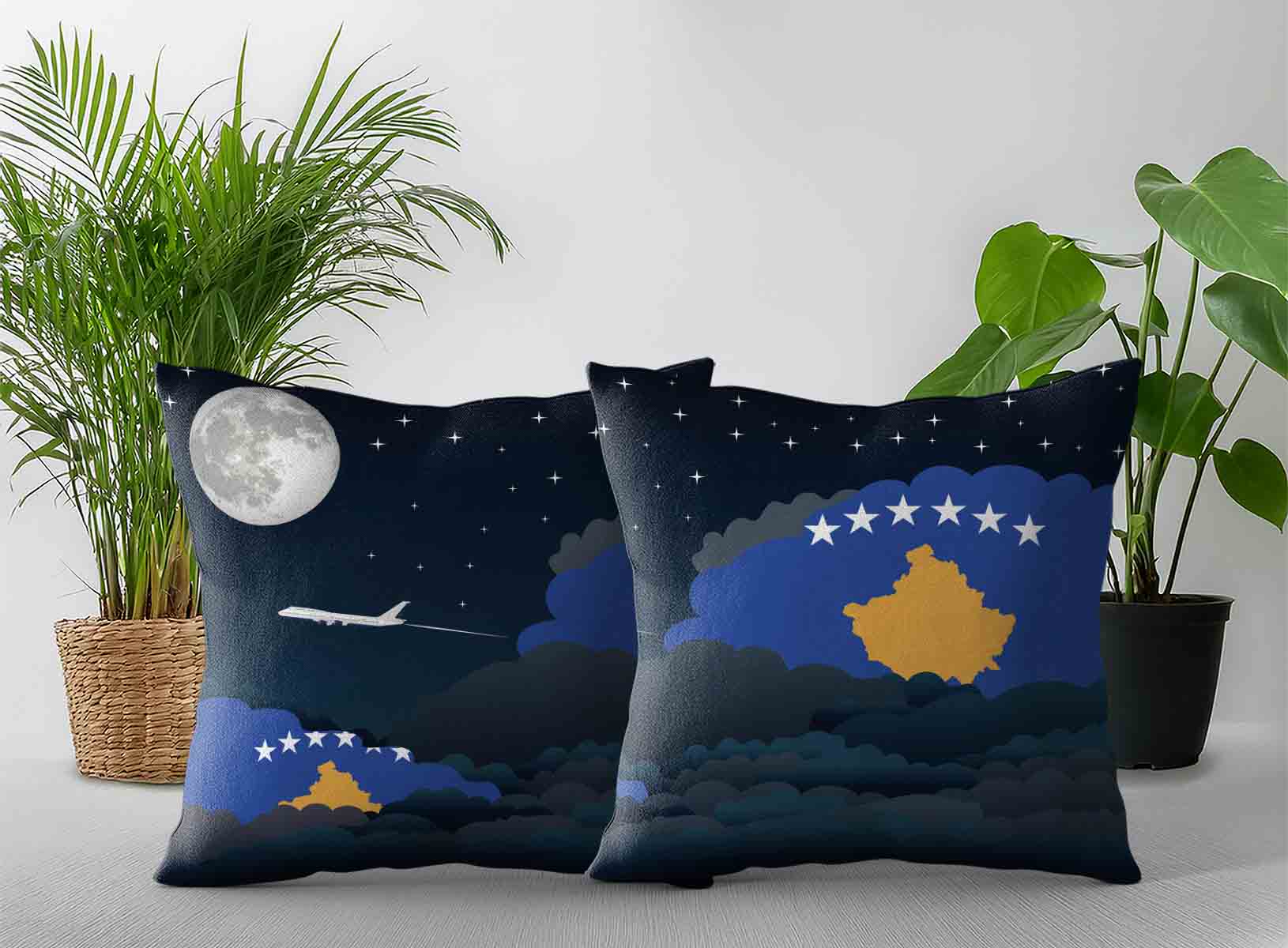 Kosovo World Airplane Night Clouds Square & Rectangle Pillow Cases | Aviation Night Sky Decorative Throw Pillow Covers