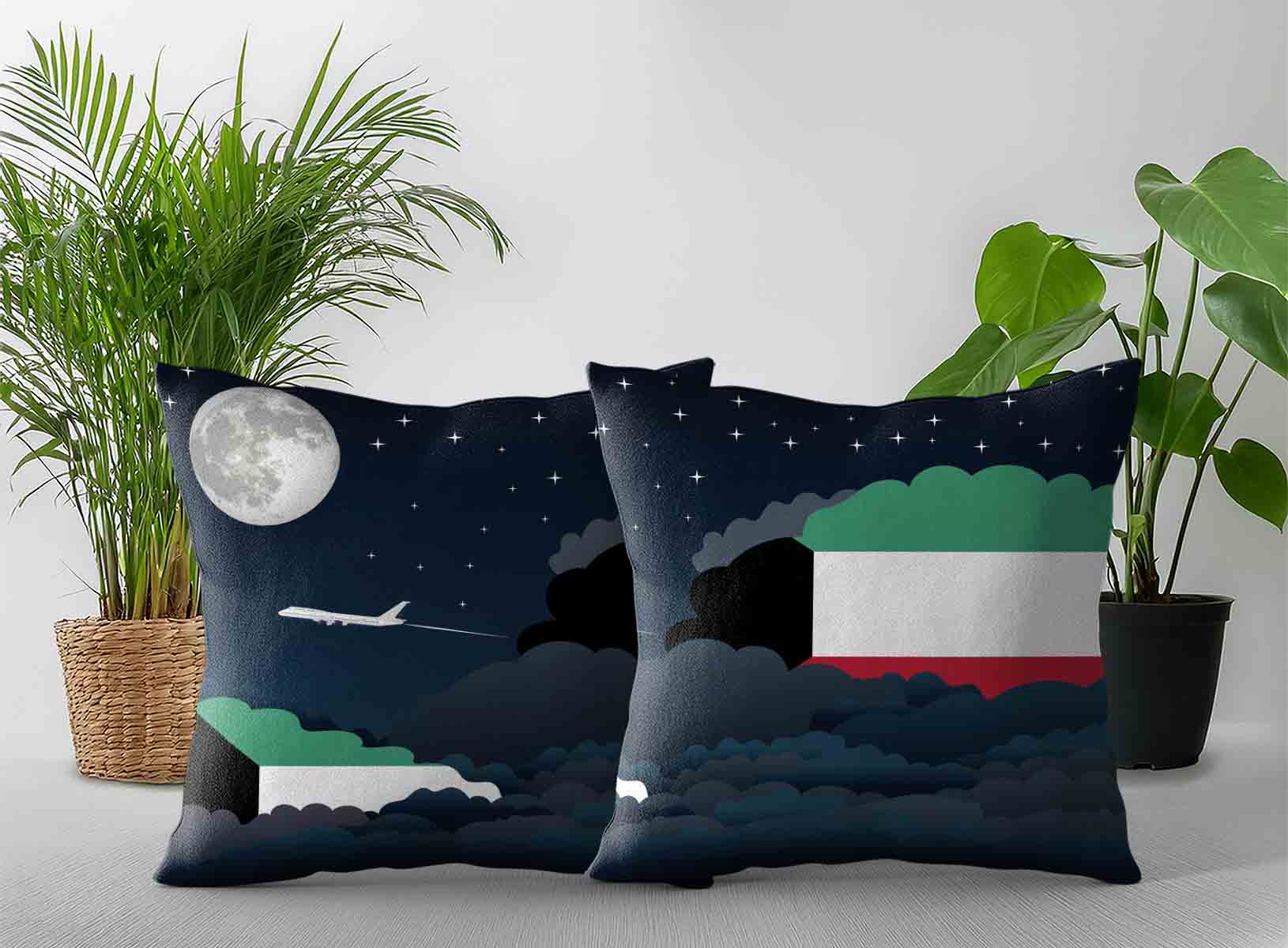 Kuwait World Airplane Night Clouds Square & Rectangle Pillow Cases | Aviation Night Sky Decorative Throw Pillow Covers