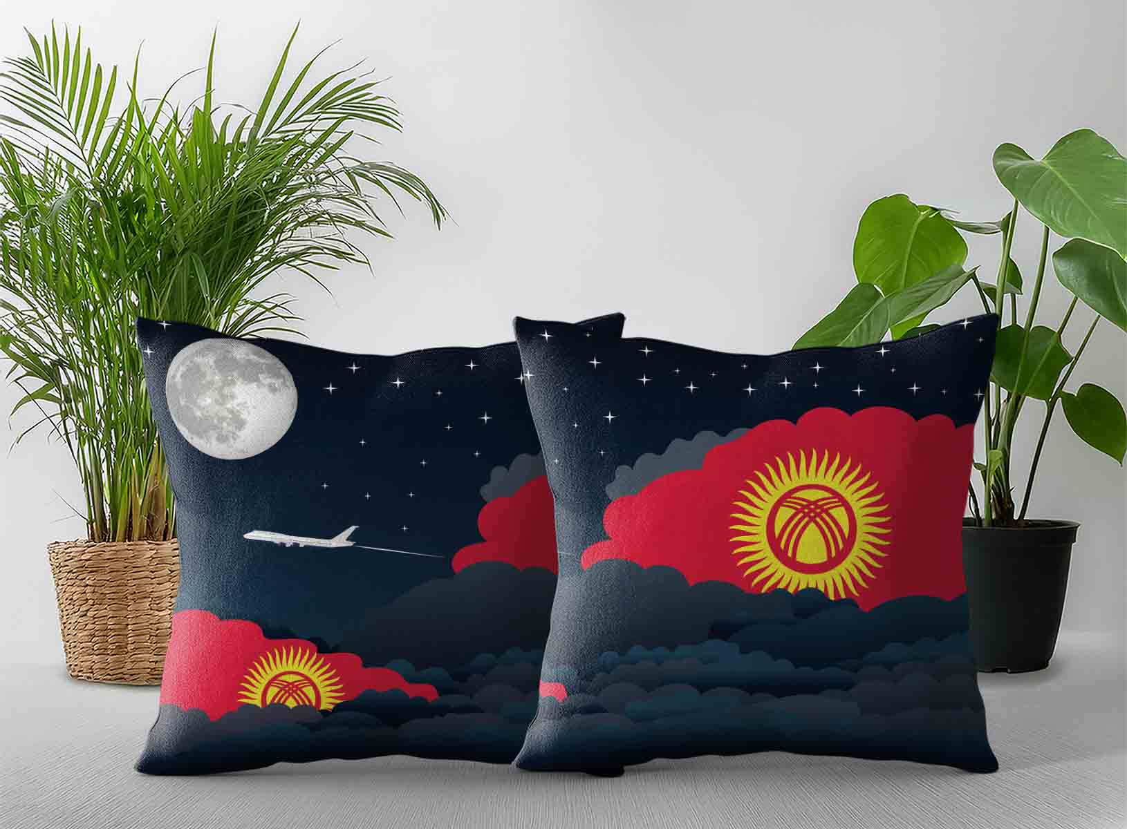 Kyrgyzstan World Airplane Night Clouds Square & Rectangle Pillow Cases | Aviation Night Sky Decorative Throw Pillow Covers