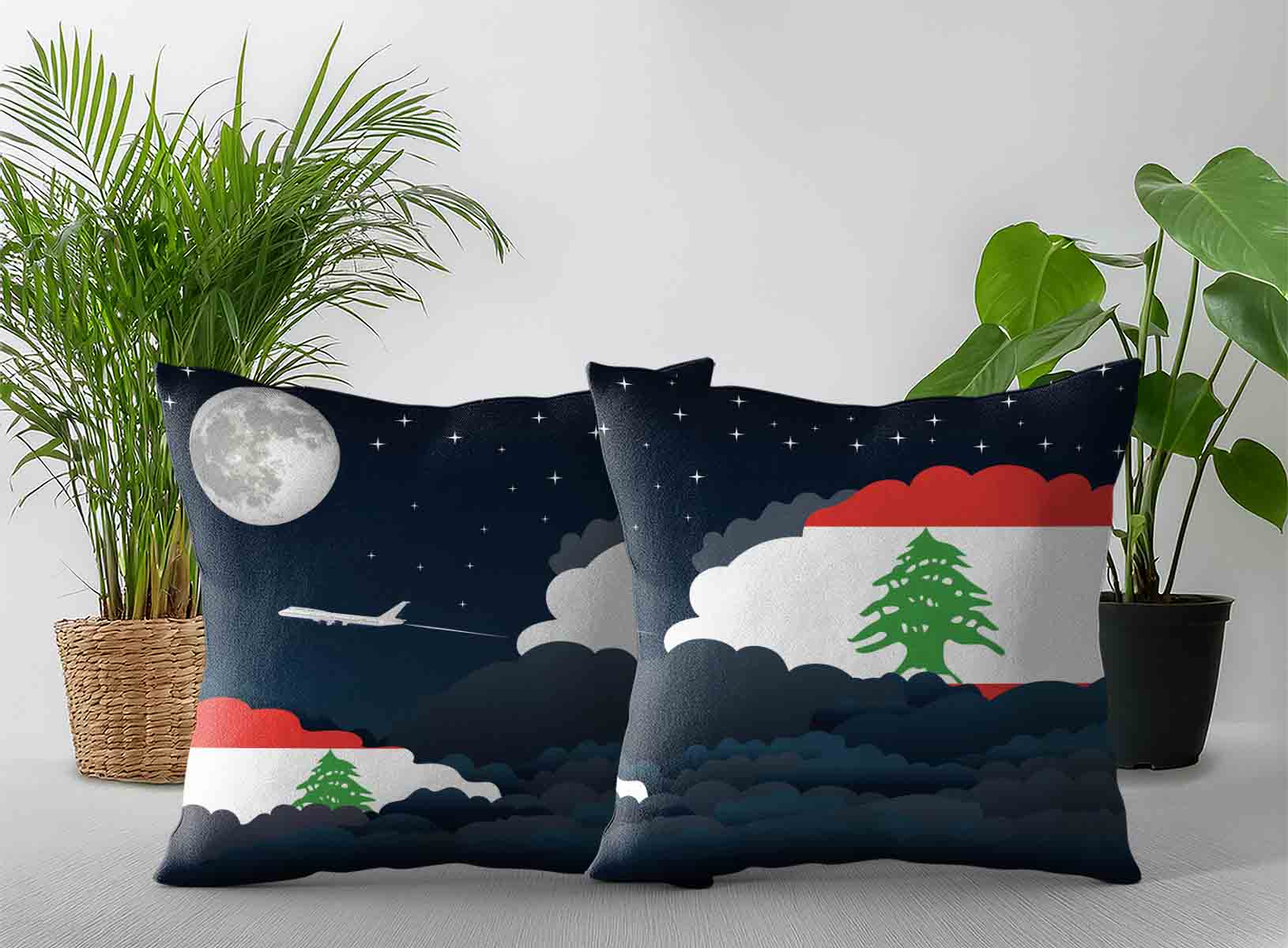 Lebanon World Airplane Night Clouds Square & Rectangle Pillow Cases | Aviation Night Sky Decorative Throw Pillow Covers