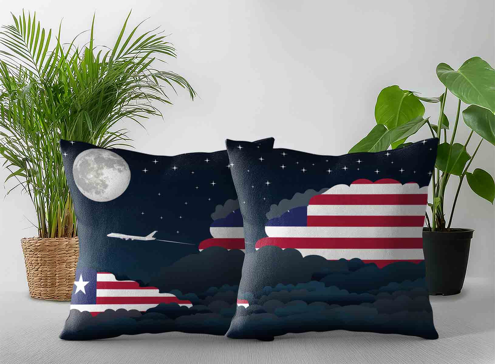 Liberia World Airplane Night Clouds Square & Rectangle Pillow Cases | Aviation Night Sky Decorative Throw Pillow Covers