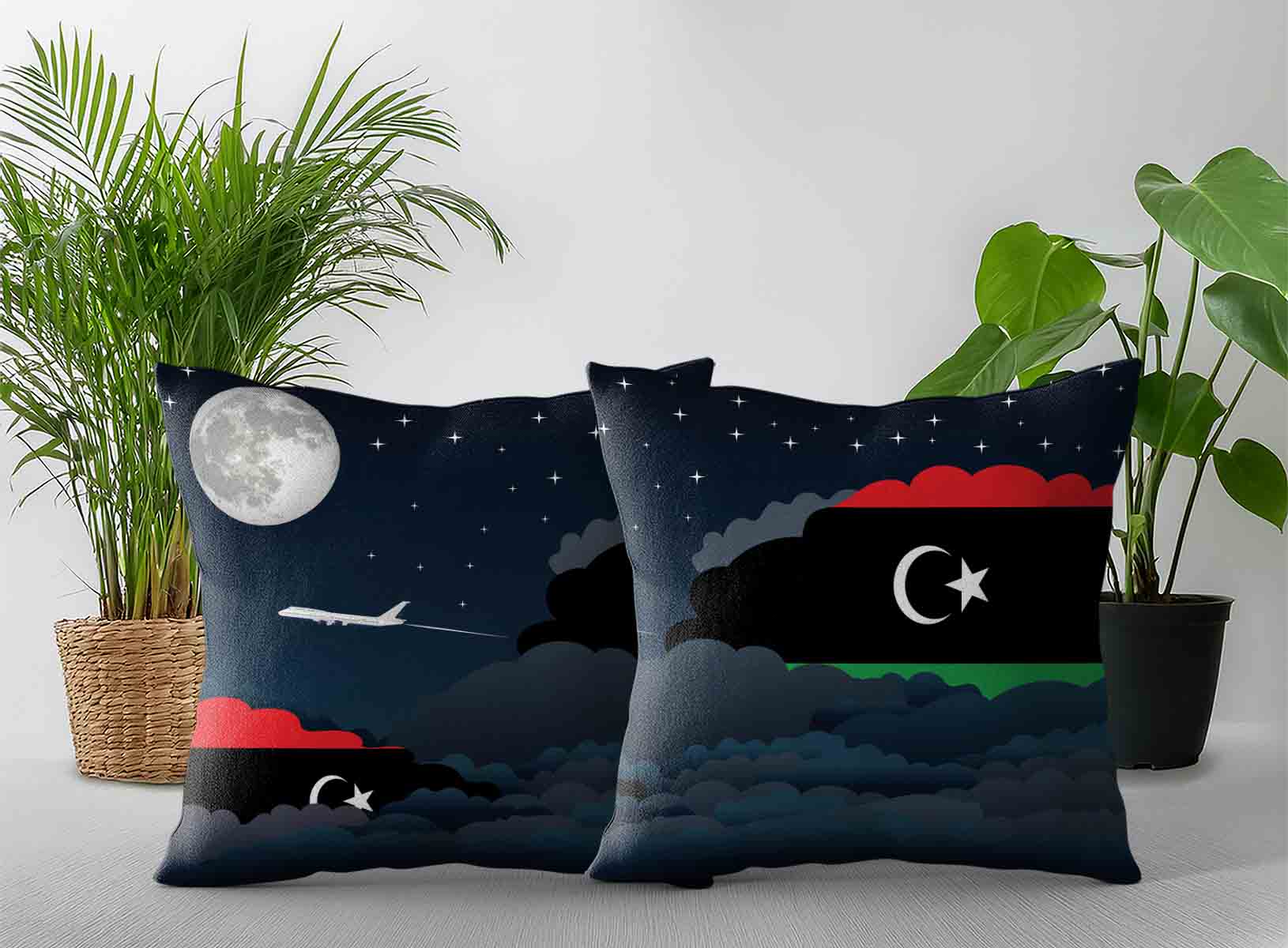 Libya World Airplane Night Clouds Square & Rectangle Pillow Cases | Aviation Night Sky Decorative Throw Pillow Covers