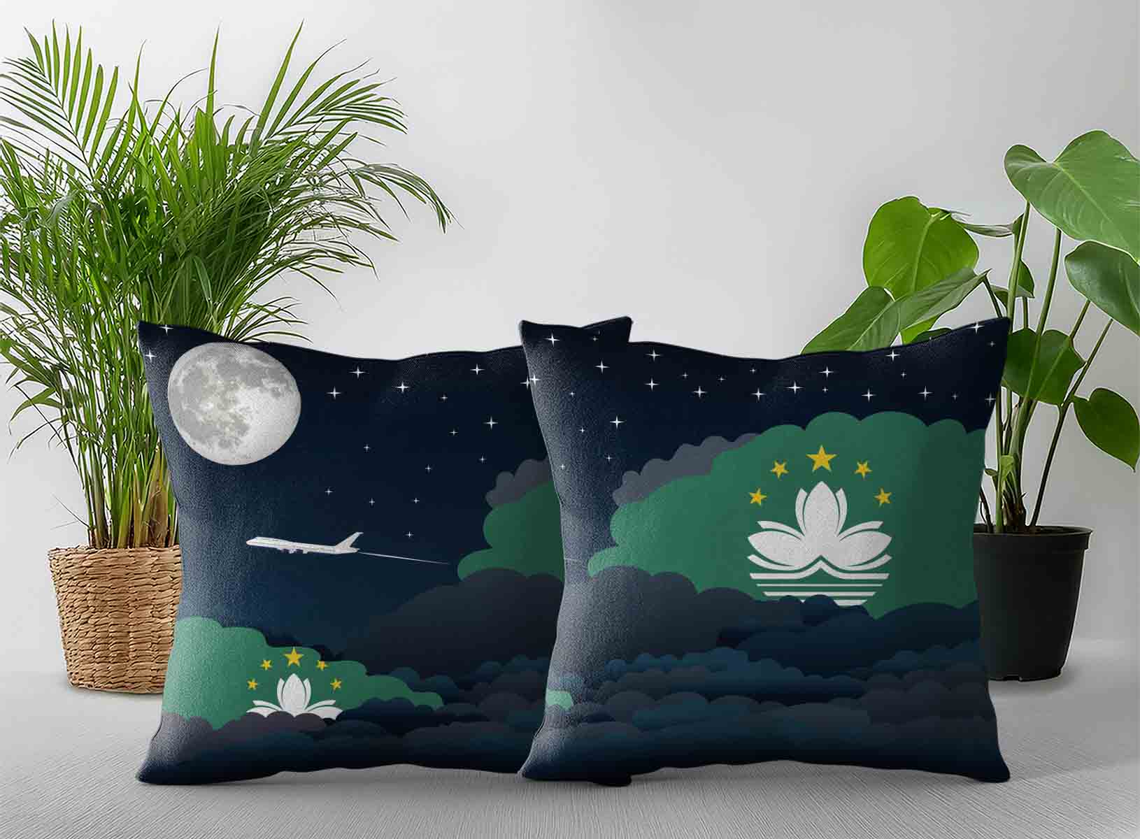 Macau World Airplane Night Clouds Square & Rectangle Pillow Cases | Aviation Night Sky Decorative Throw Pillow Covers