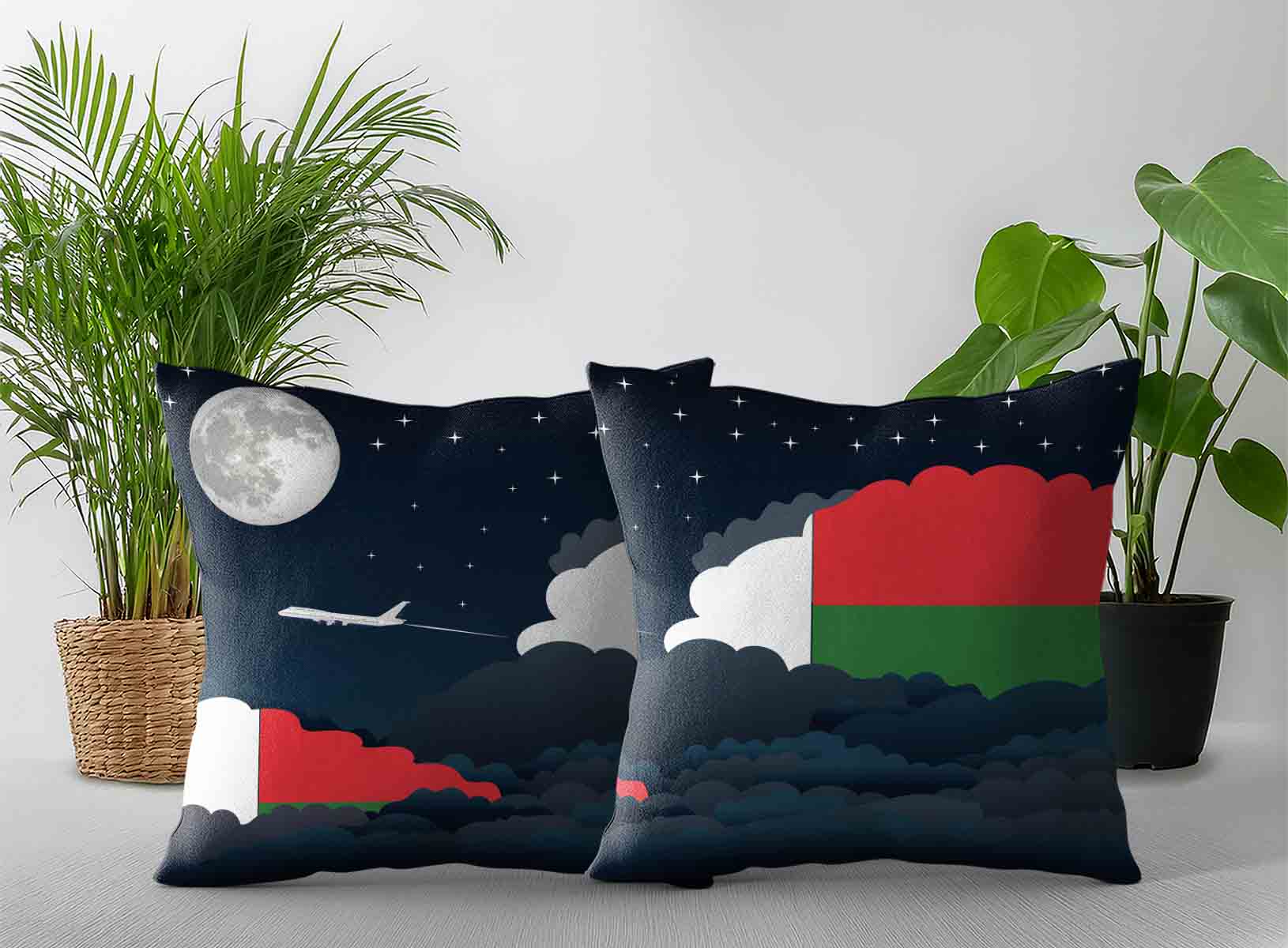 Madagascar World Airplane Night Clouds Square & Rectangle Pillow Cases | Aviation Night Sky Decorative Throw Pillow Covers