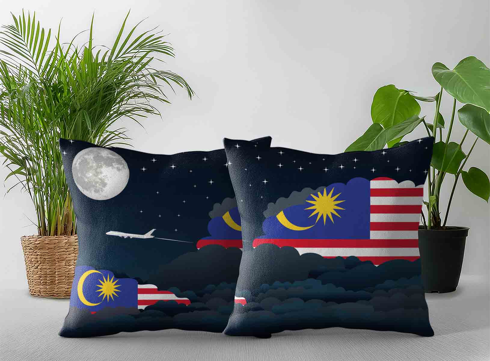 Malaysia World Airplane Night Clouds Square & Rectangle Pillow Cases | Aviation Night Sky Decorative Throw Pillow Covers