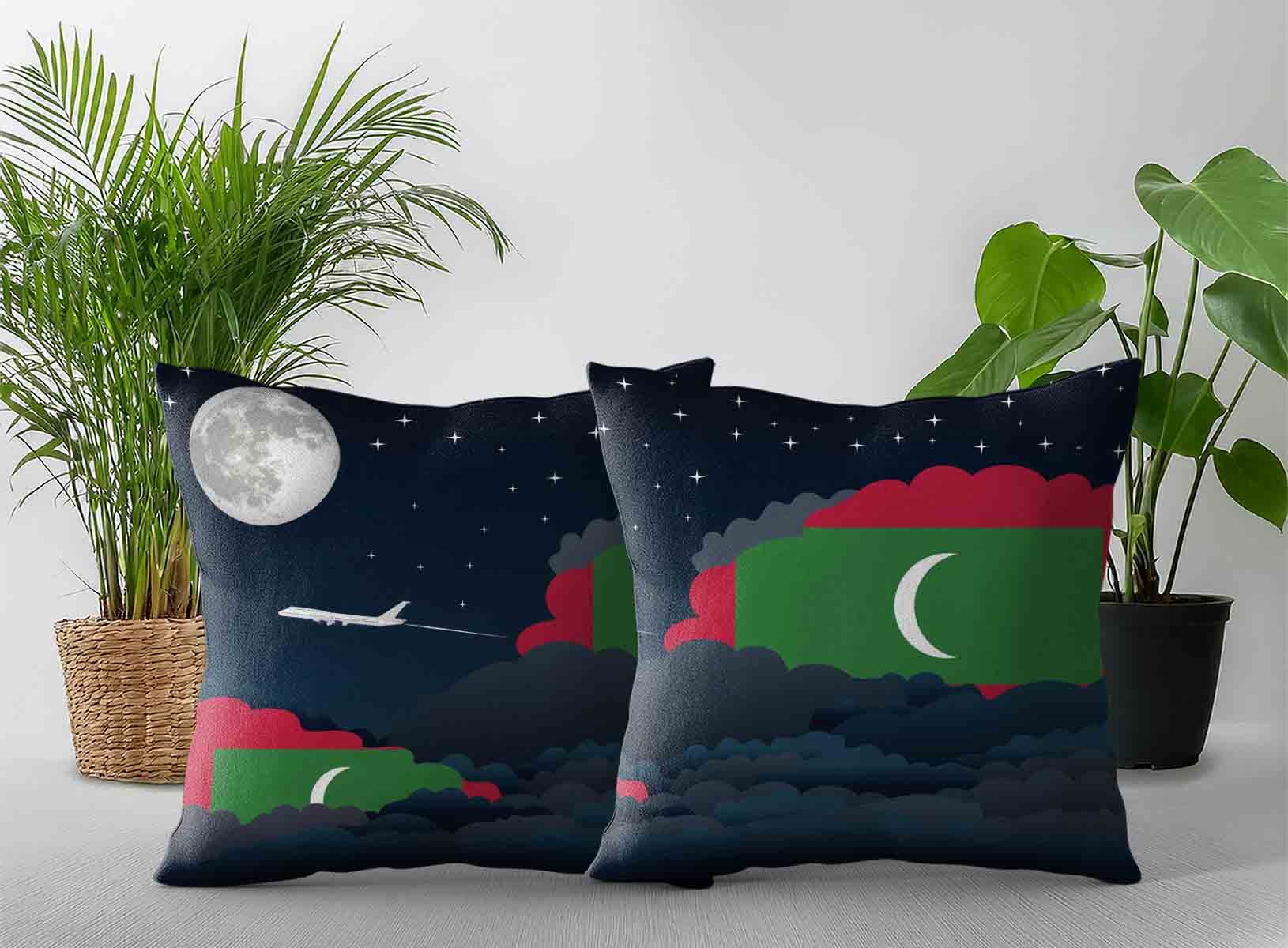 Maldives World Airplane Night Clouds Square & Rectangle Pillow Cases | Aviation Night Sky Decorative Throw Pillow Covers