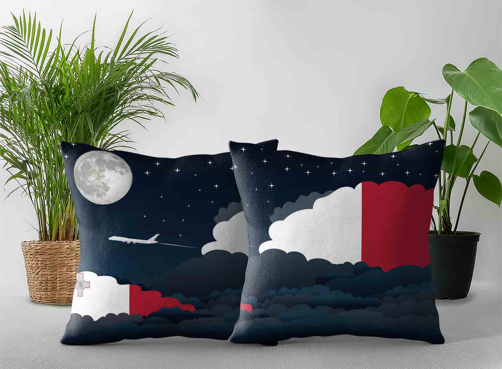 Malta World Airplane Night Clouds Square & Rectangle Pillow Cases | Aviation Night Sky Decorative Throw Pillow Covers