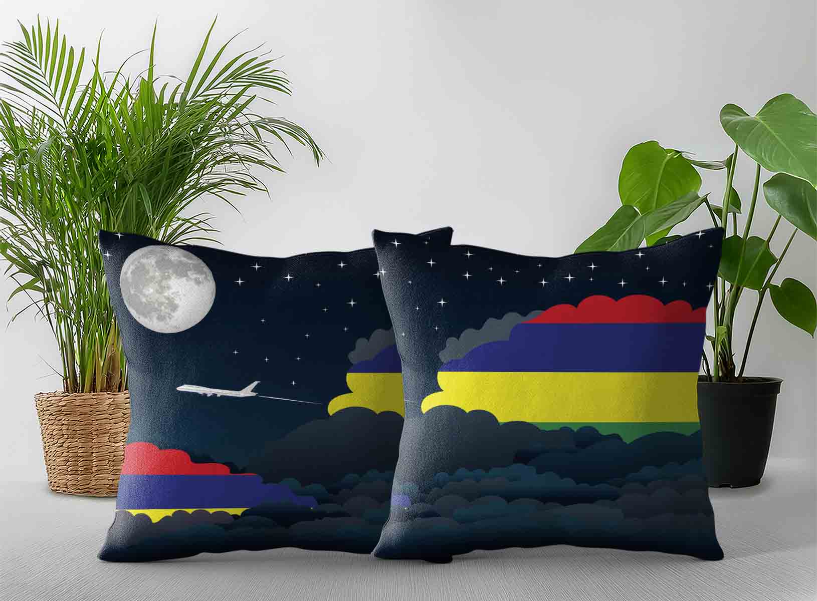 Mauritius World Airplane Night Clouds Square & Rectangle Pillow Cases | Aviation Night Sky Decorative Throw Pillow Covers