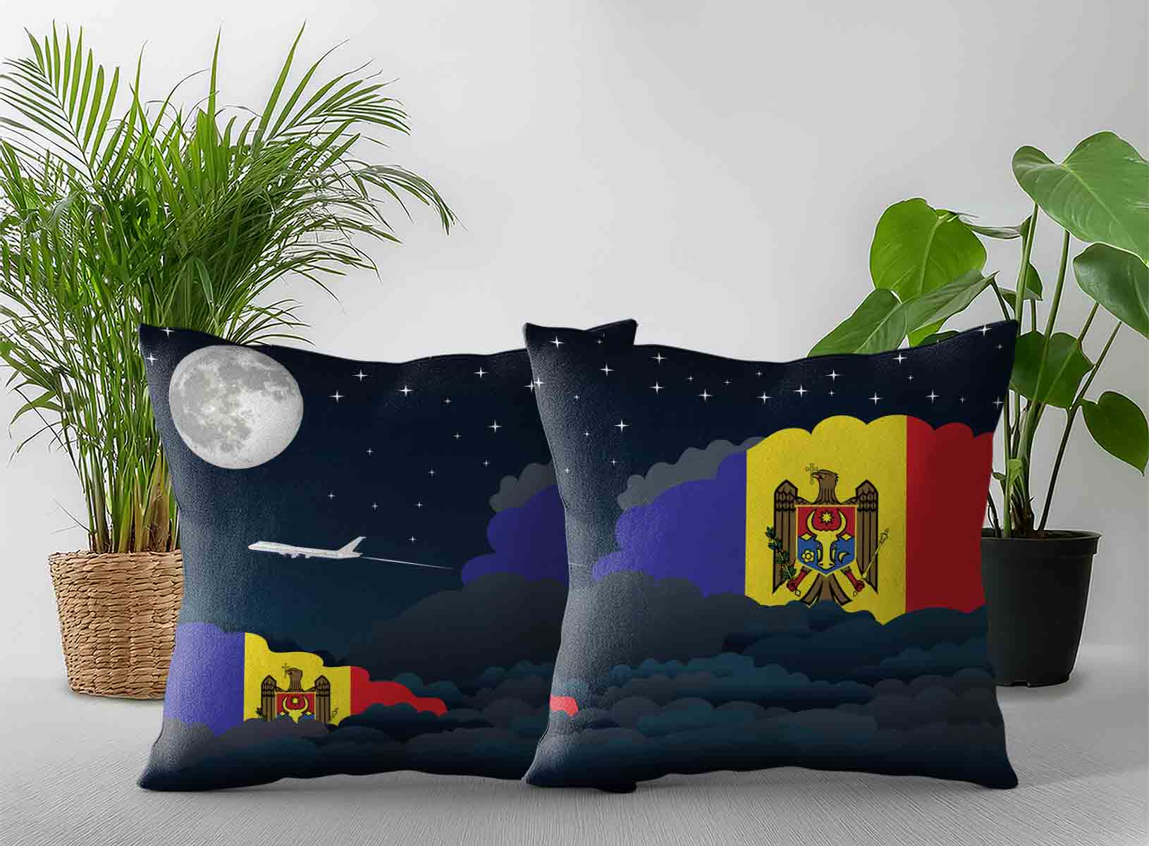 Moldova World Airplane Night Clouds Square & Rectangle Pillow Cases | Aviation Night Sky Decorative Throw Pillow Covers