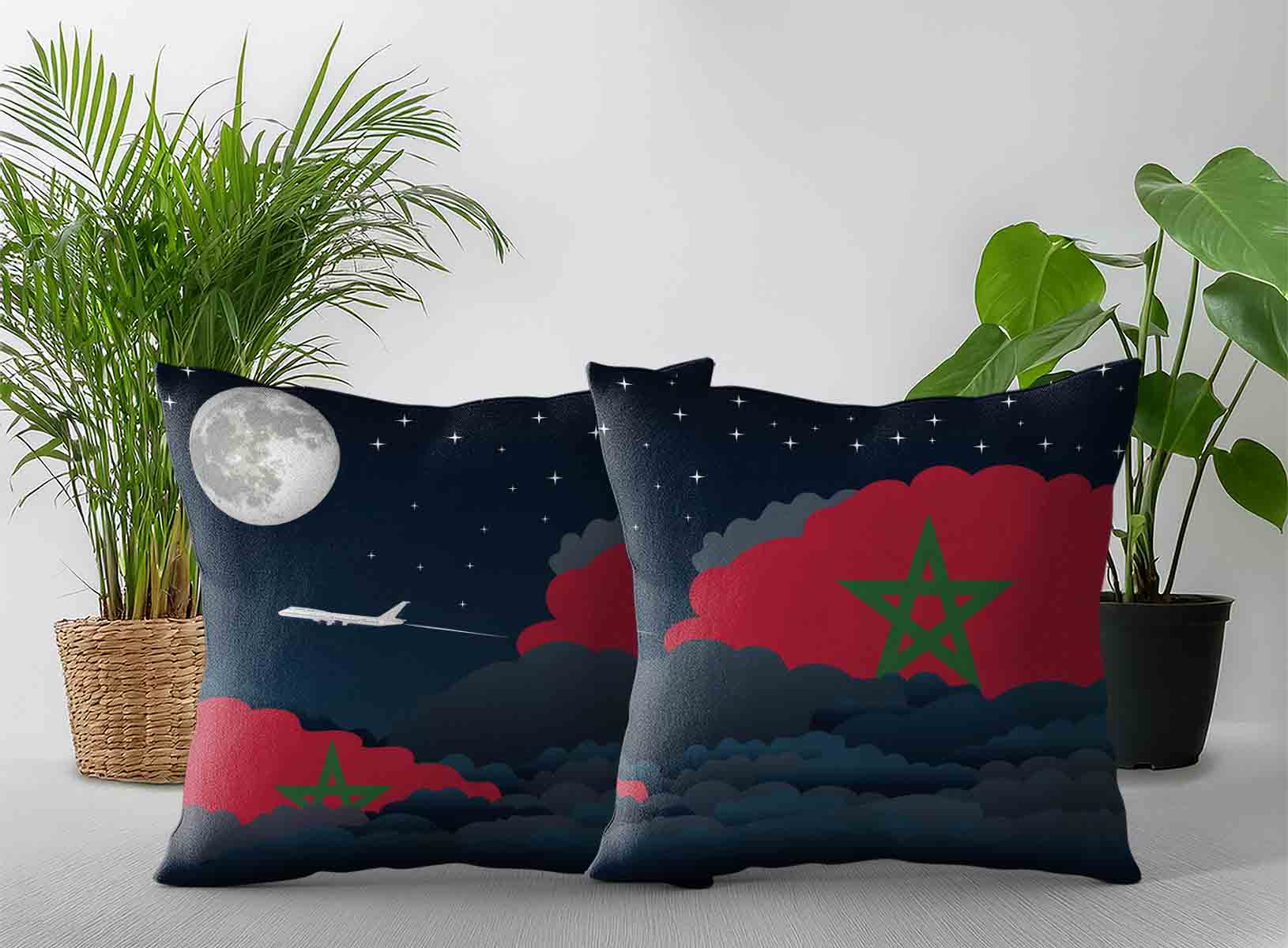 Morocco World Airplane Night Clouds Square & Rectangle Pillow Cases | Aviation Night Sky Decorative Throw Pillow Covers