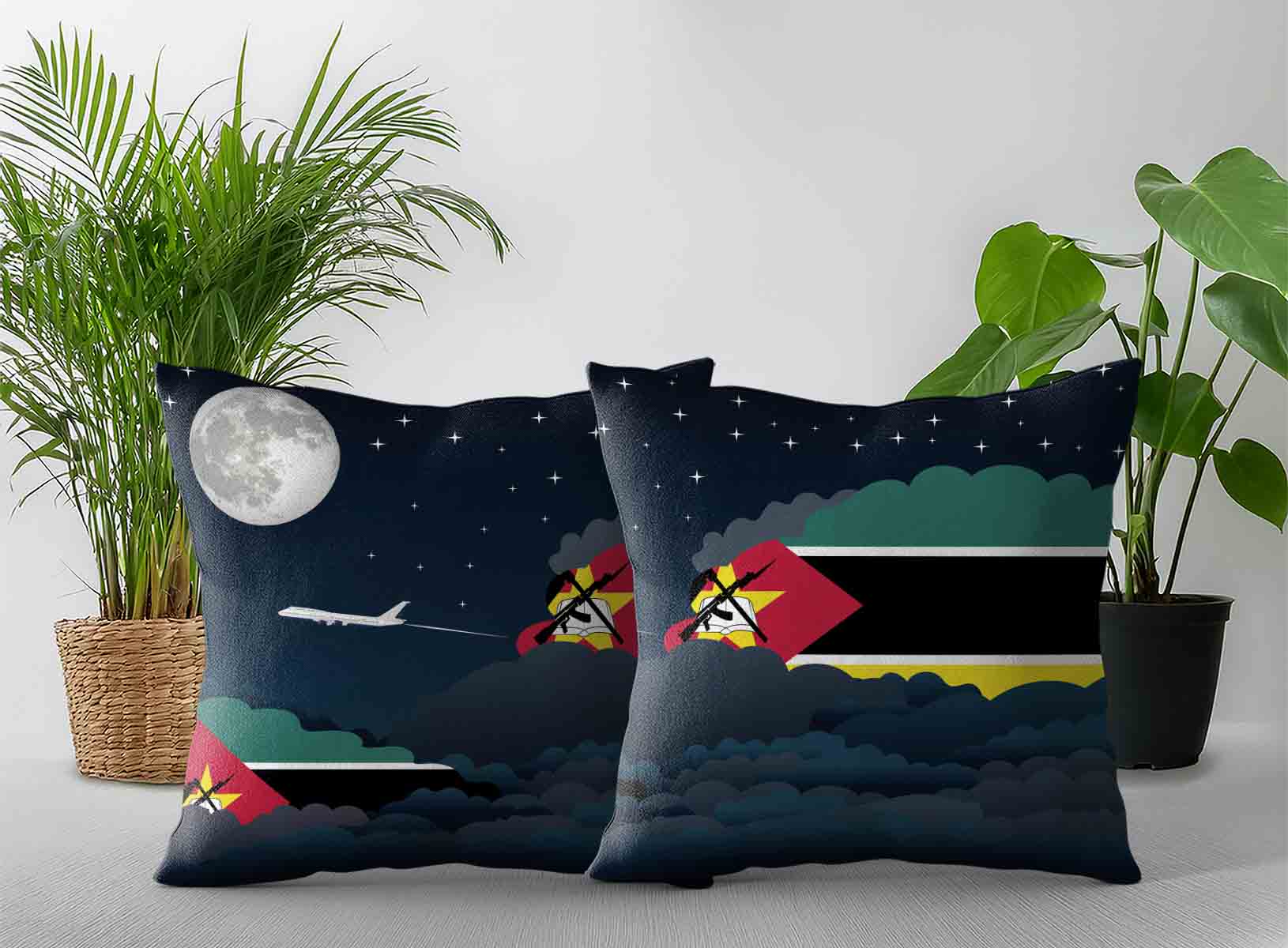 Mozambique World Airplane Night Clouds Square & Rectangle Pillow Cases | Aviation Night Sky Decorative Throw Pillow Covers