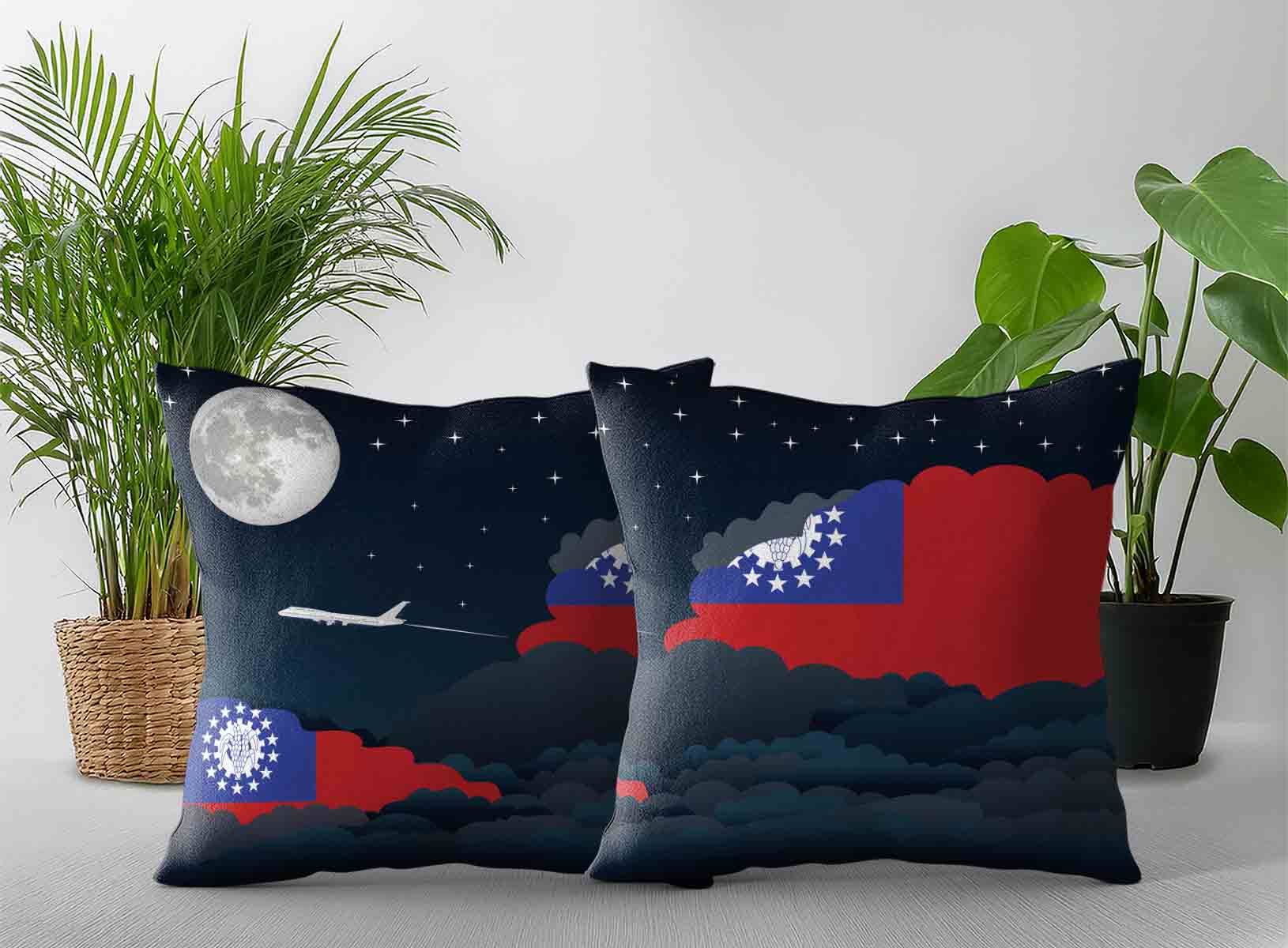 Myanmar Burma World Airplane Night Clouds Square & Rectangle Pillow Cases | Aviation Night Sky Decorative Throw Pillow Covers