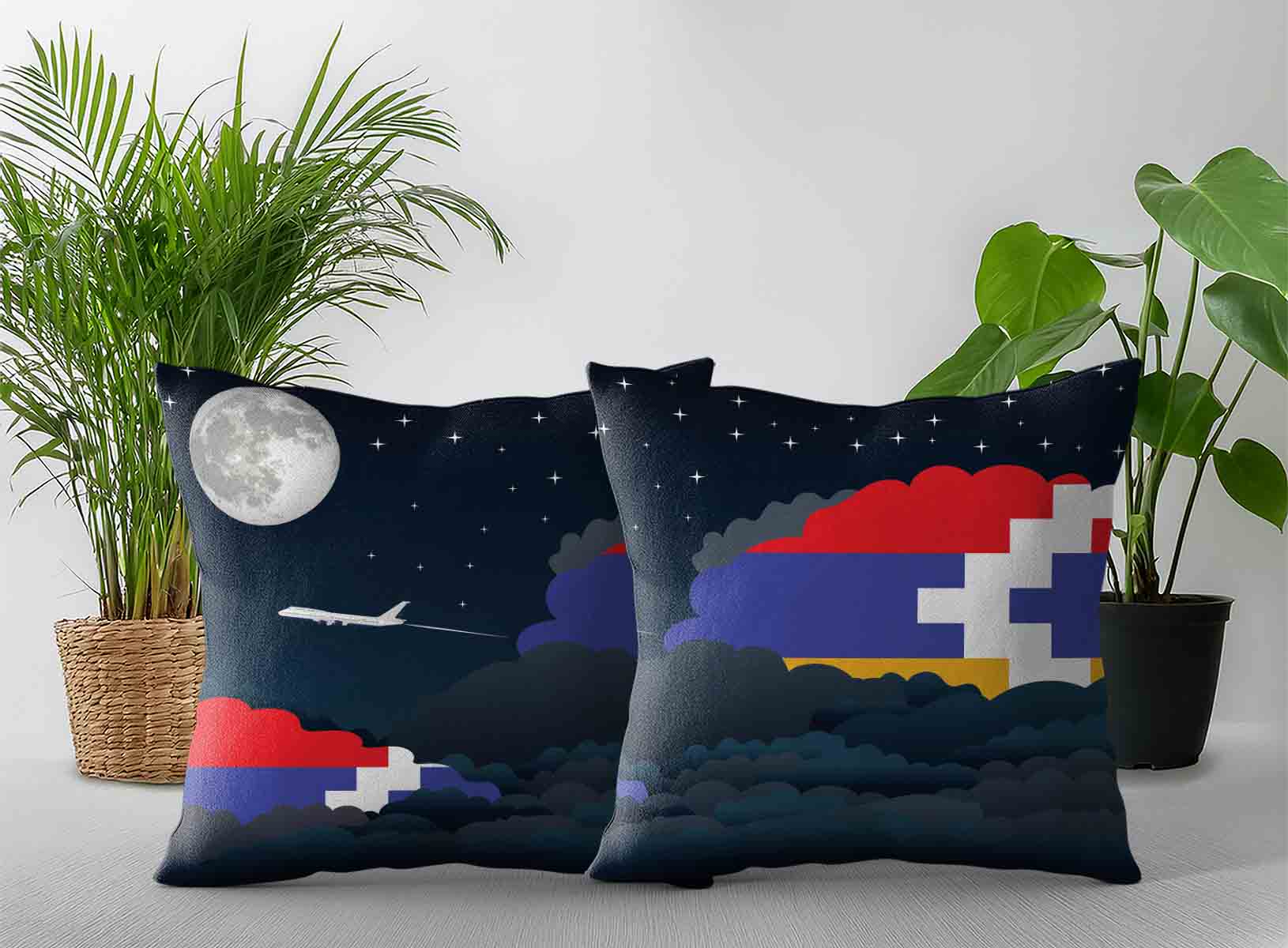Nagorno Karabakh Republic World Airplane Night Clouds Square & Rectangle Pillow Cases | Aviation Night Sky Decorative Throw Pillow Covers