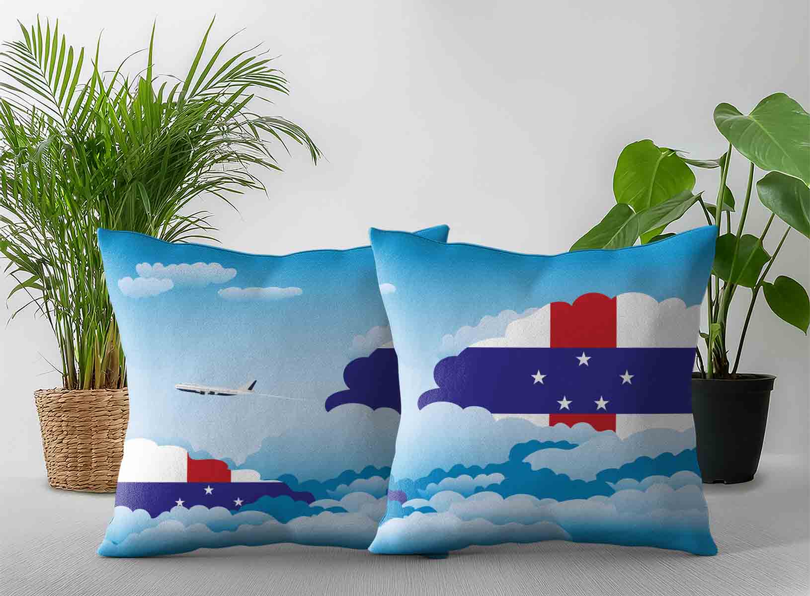 Netherlands Antilles World Airplane Day Clouds Square & Rectangle Pillow Cases | Aviation Sky Travel Decorative Throw Pillow Covers