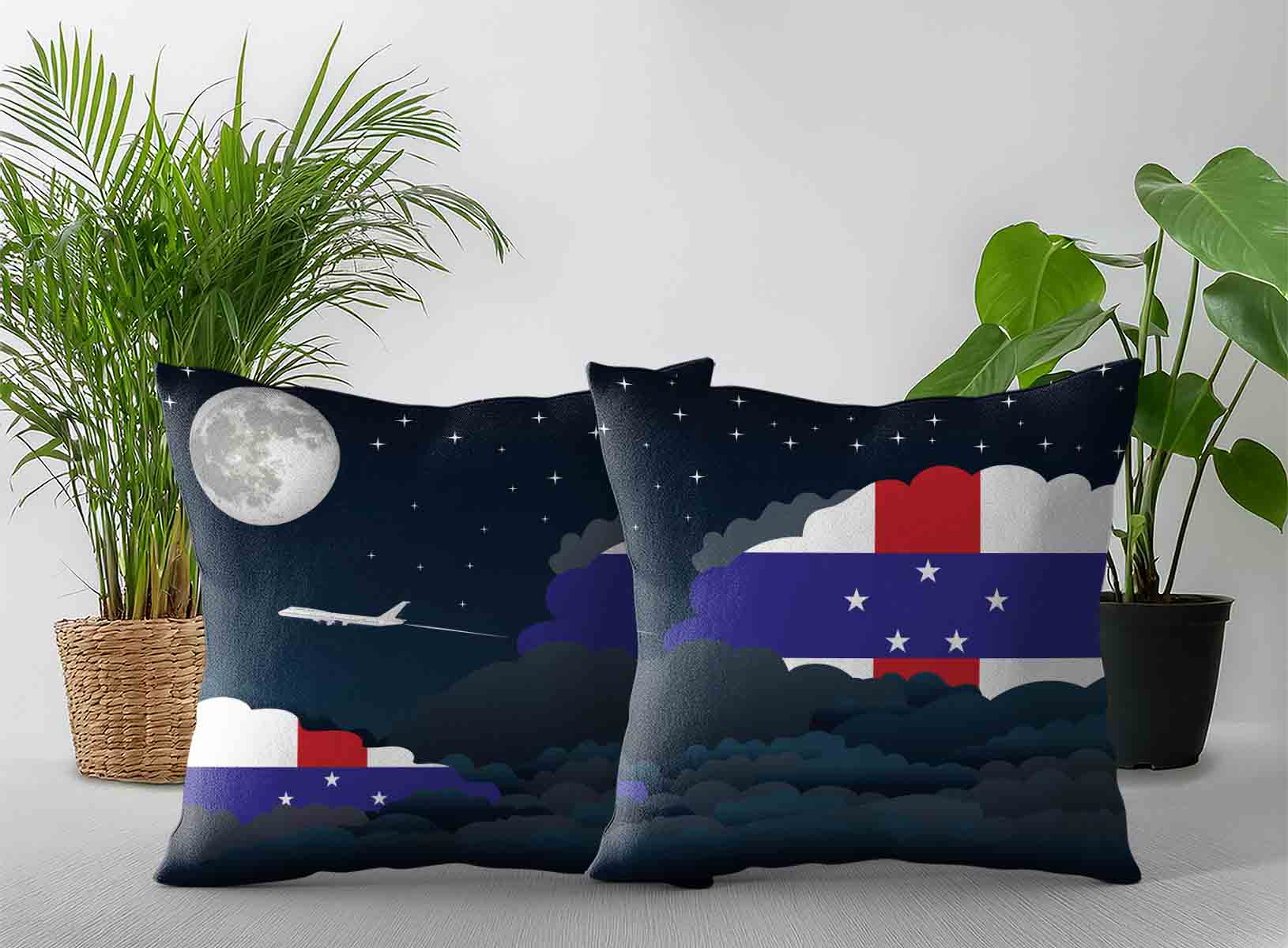 Netherlands Antilles World Airplane Night Clouds Square & Rectangle Pillow Cases | Aviation Night Sky Decorative Throw Pillow Covers