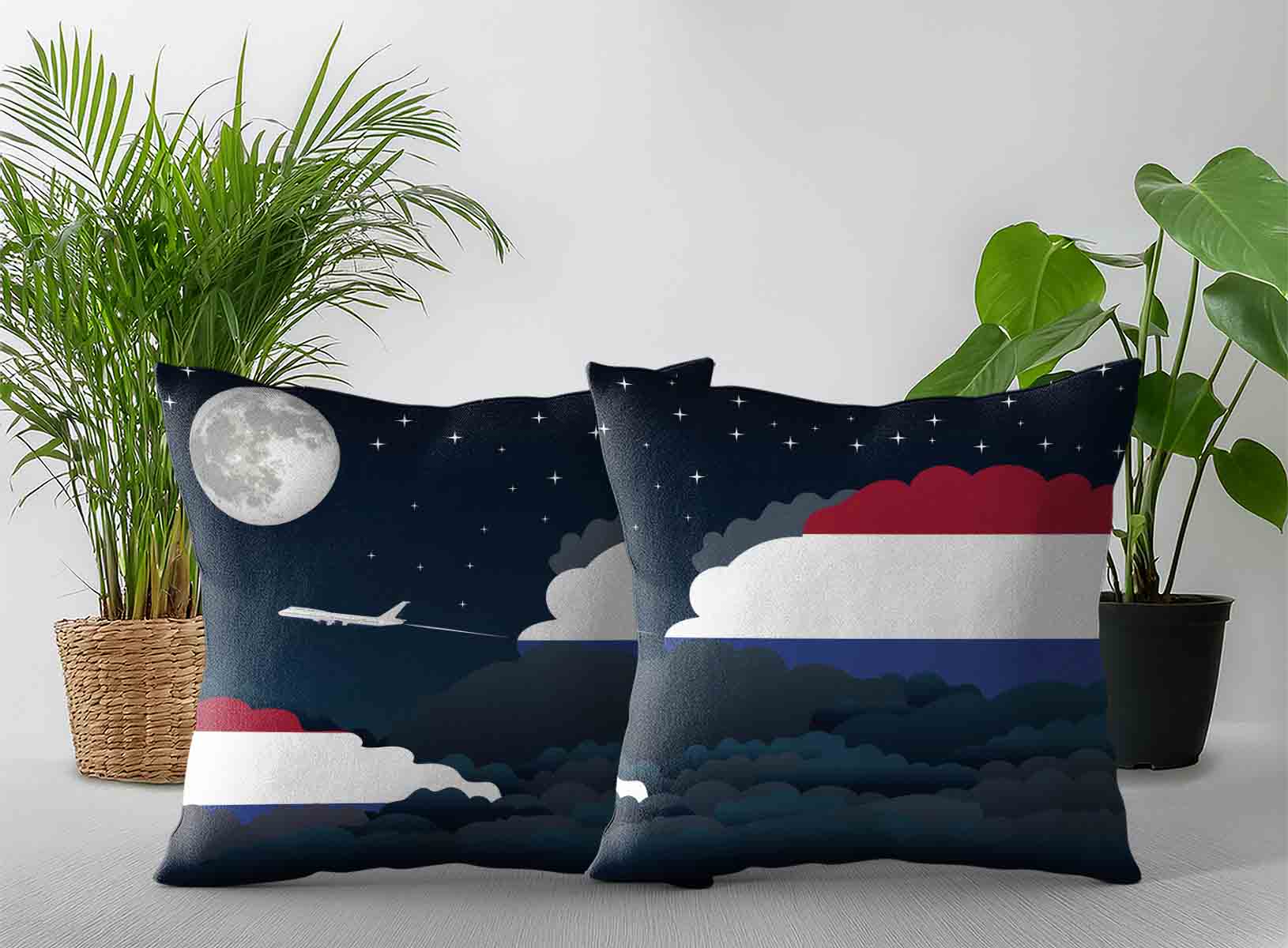 Netherlands World Airplane Night Clouds Square & Rectangle Pillow Cases | Aviation Night Sky Decorative Throw Pillow Covers