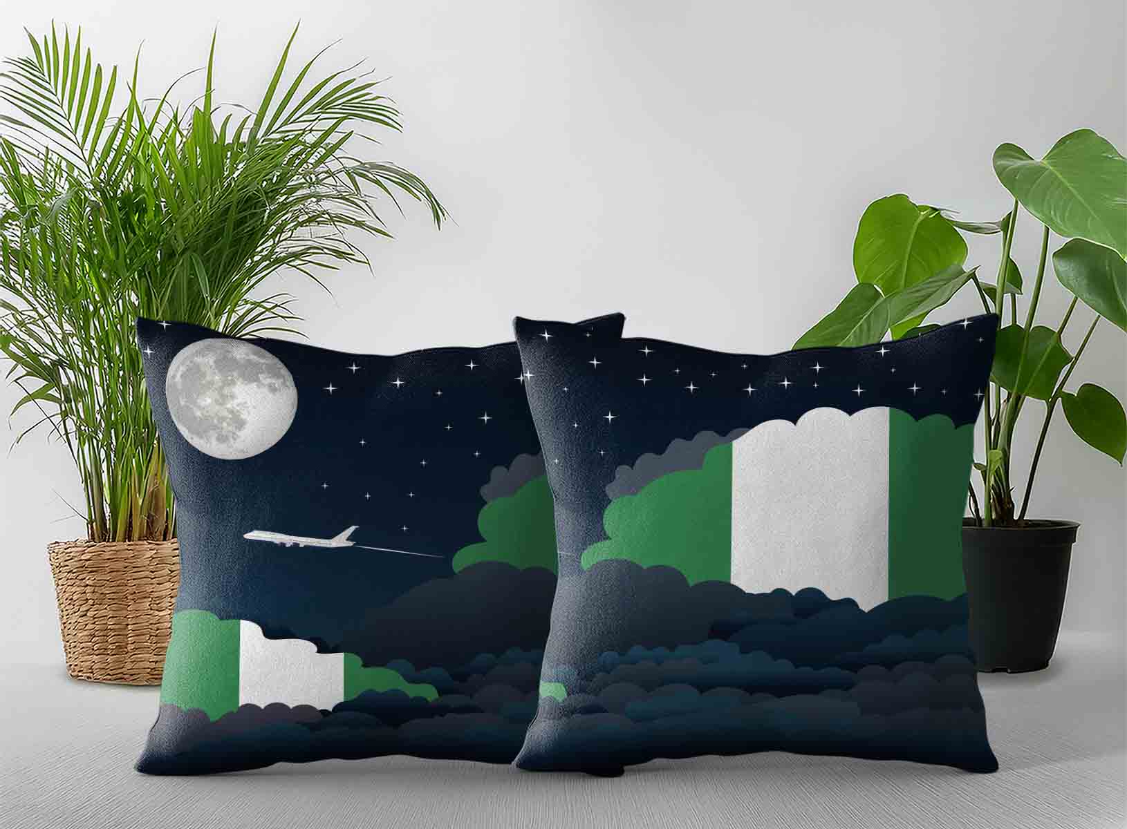 Nigeria World Airplane Night Clouds Square & Rectangle Pillow Cases | Aviation Night Sky Decorative Throw Pillow Covers