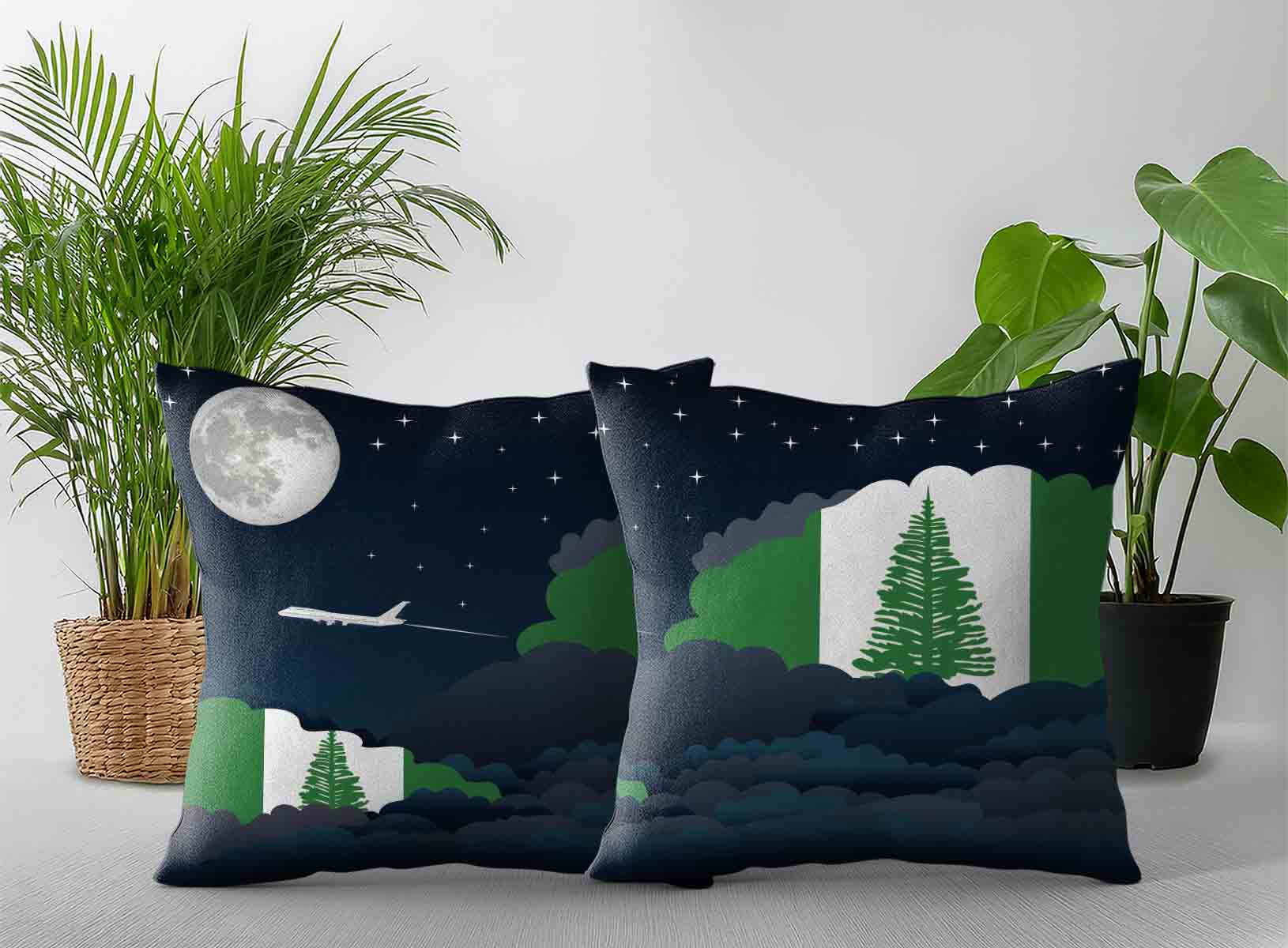 Norfolk Island World Airplane Night Clouds Square & Rectangle Pillow Cases | Aviation Night Sky Decorative Throw Pillow Covers