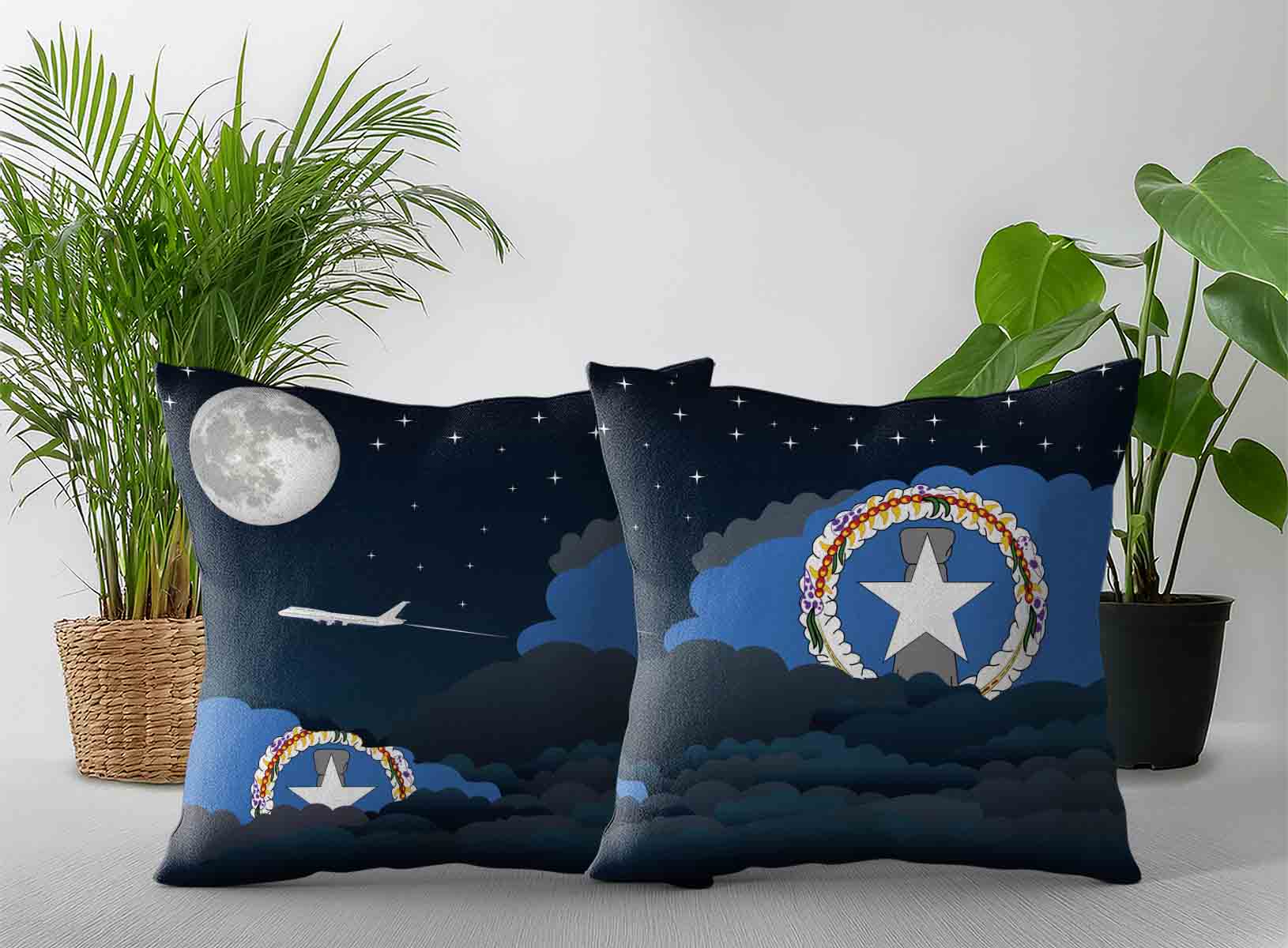Northern Mariana Islands World Airplane Night Clouds Square & Rectangle Pillow Cases | Aviation Night Sky Decorative Throw Pillow Covers